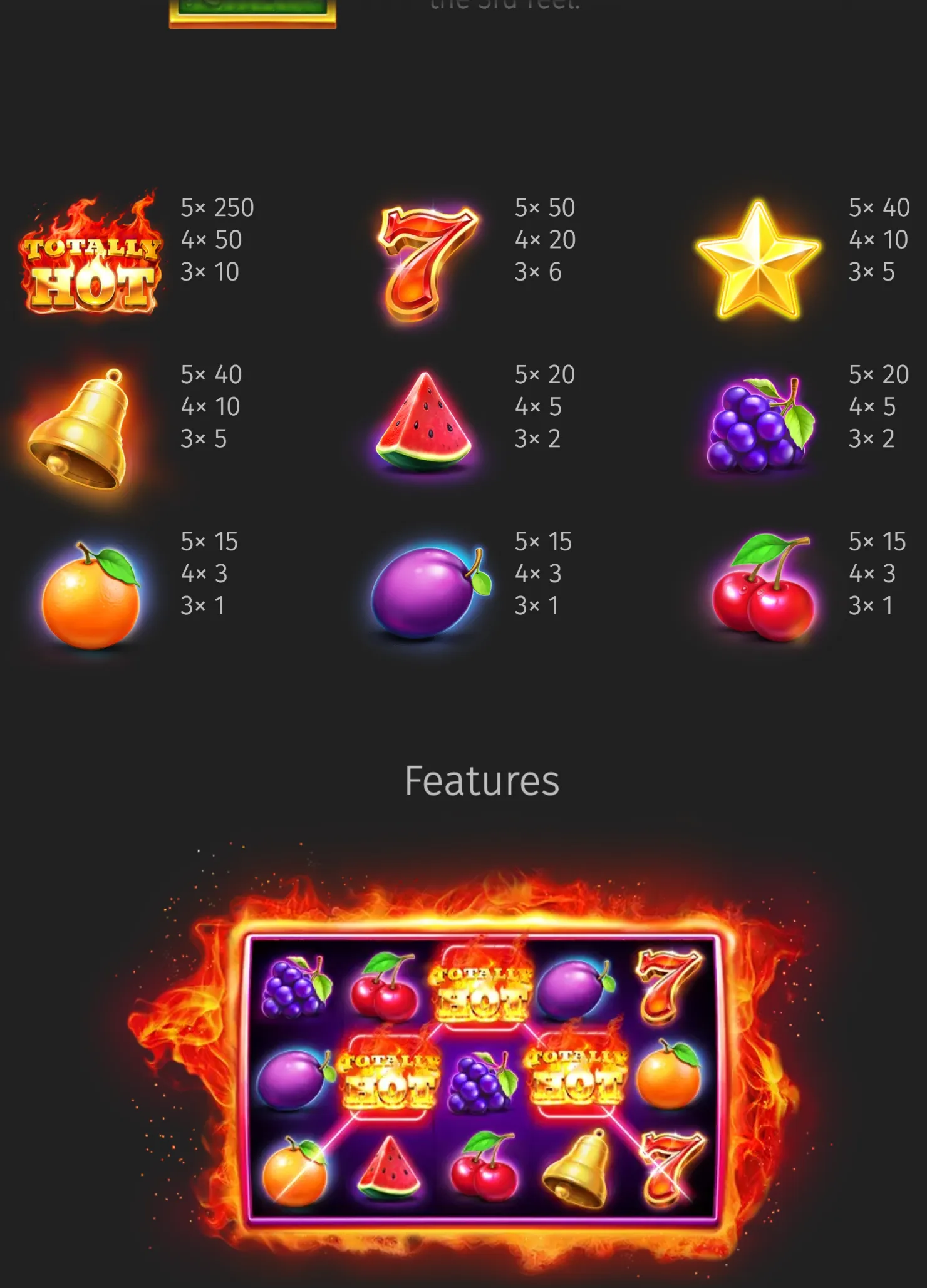Totally Hot slot paytable featuring flaming logo, lucky seven, star, bell, watermelon, grapes, orange, plum, and cherries, plus a fiery reel example below.