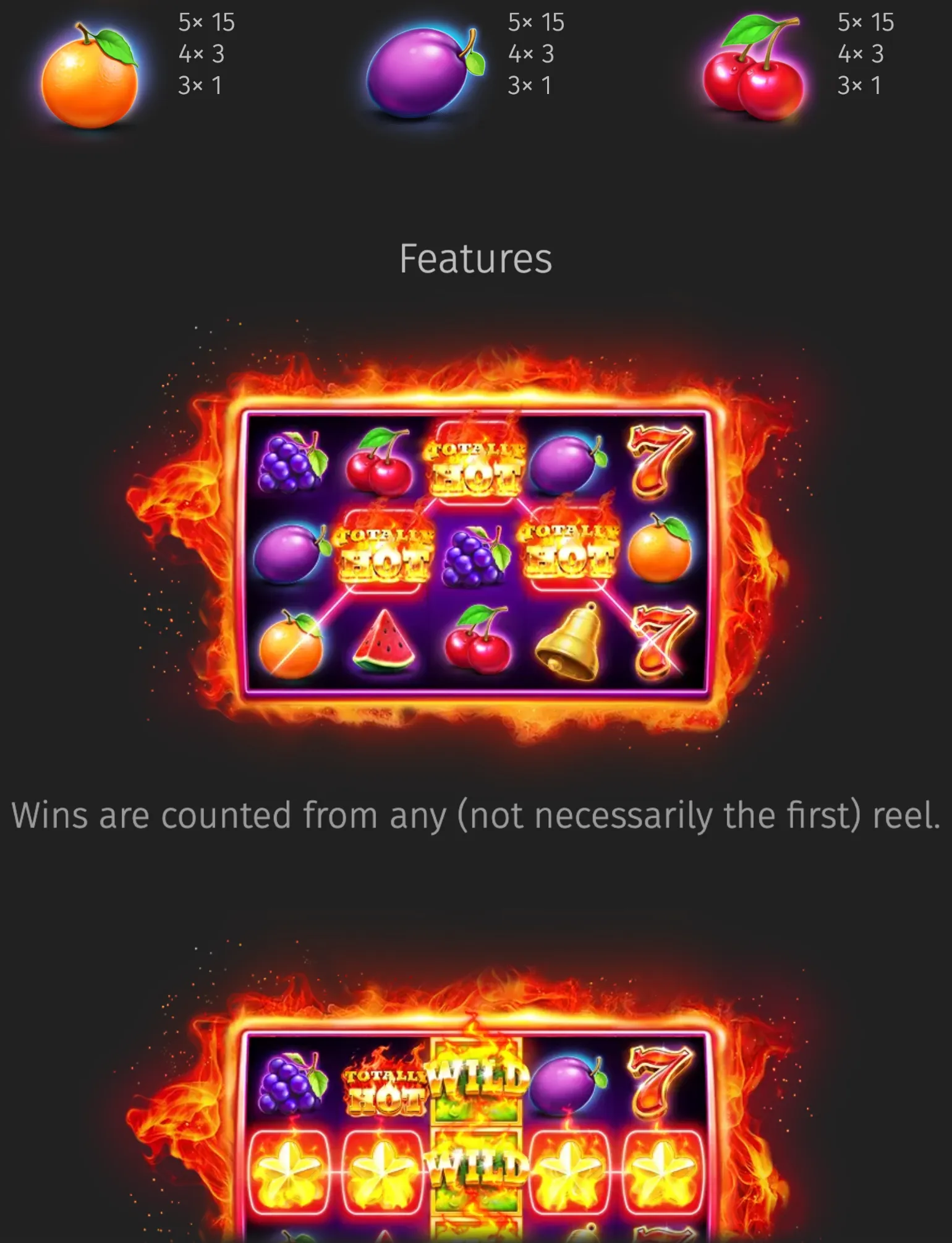 Classic fruit slot symbols, payout values, and glowing Wild reels appear within a fiery red-and-orange game interface for Totally Hot.