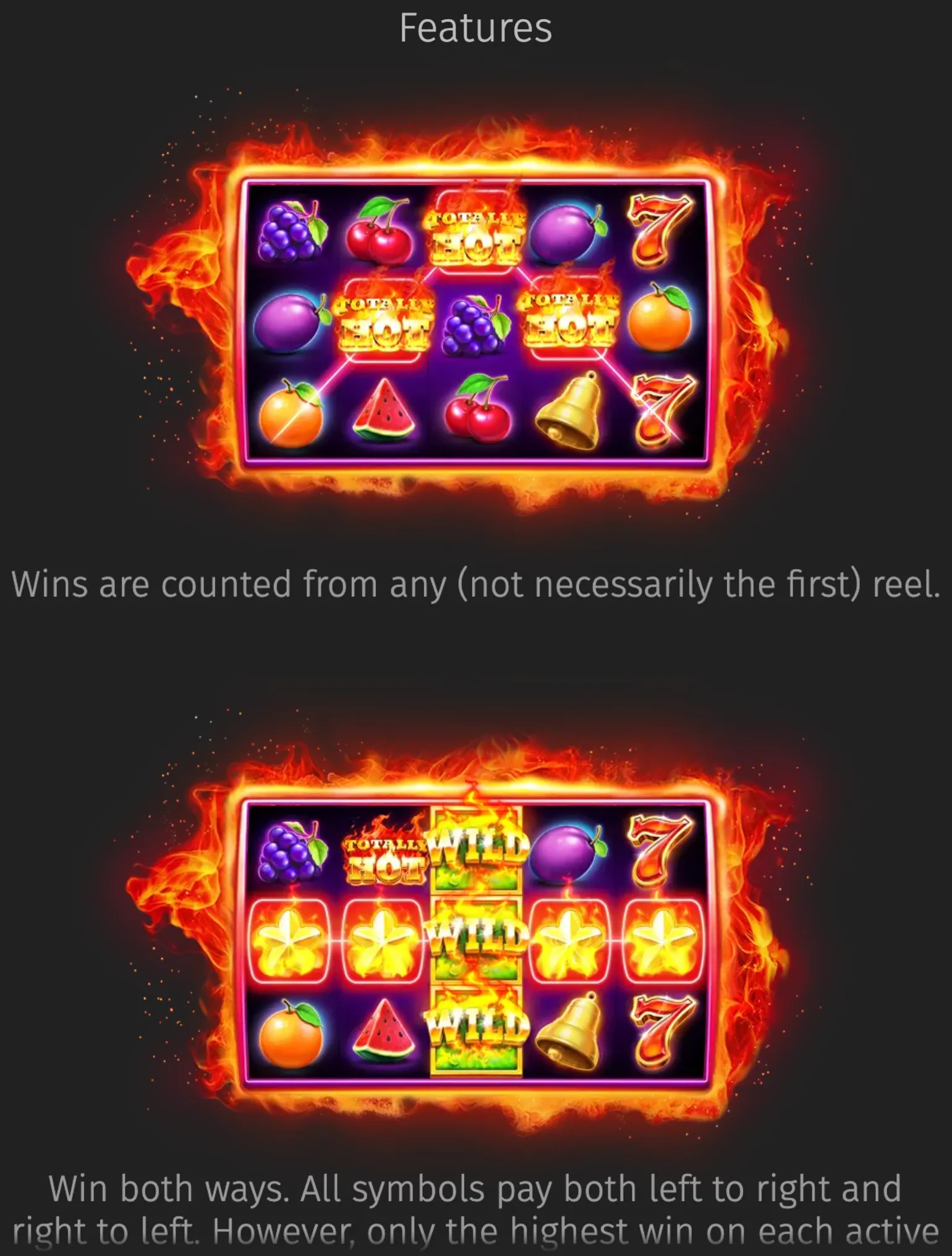 Totally Hot slot feature panels with glowing fruit symbols, sevens, bells, branded wilds and flaming reel frames.