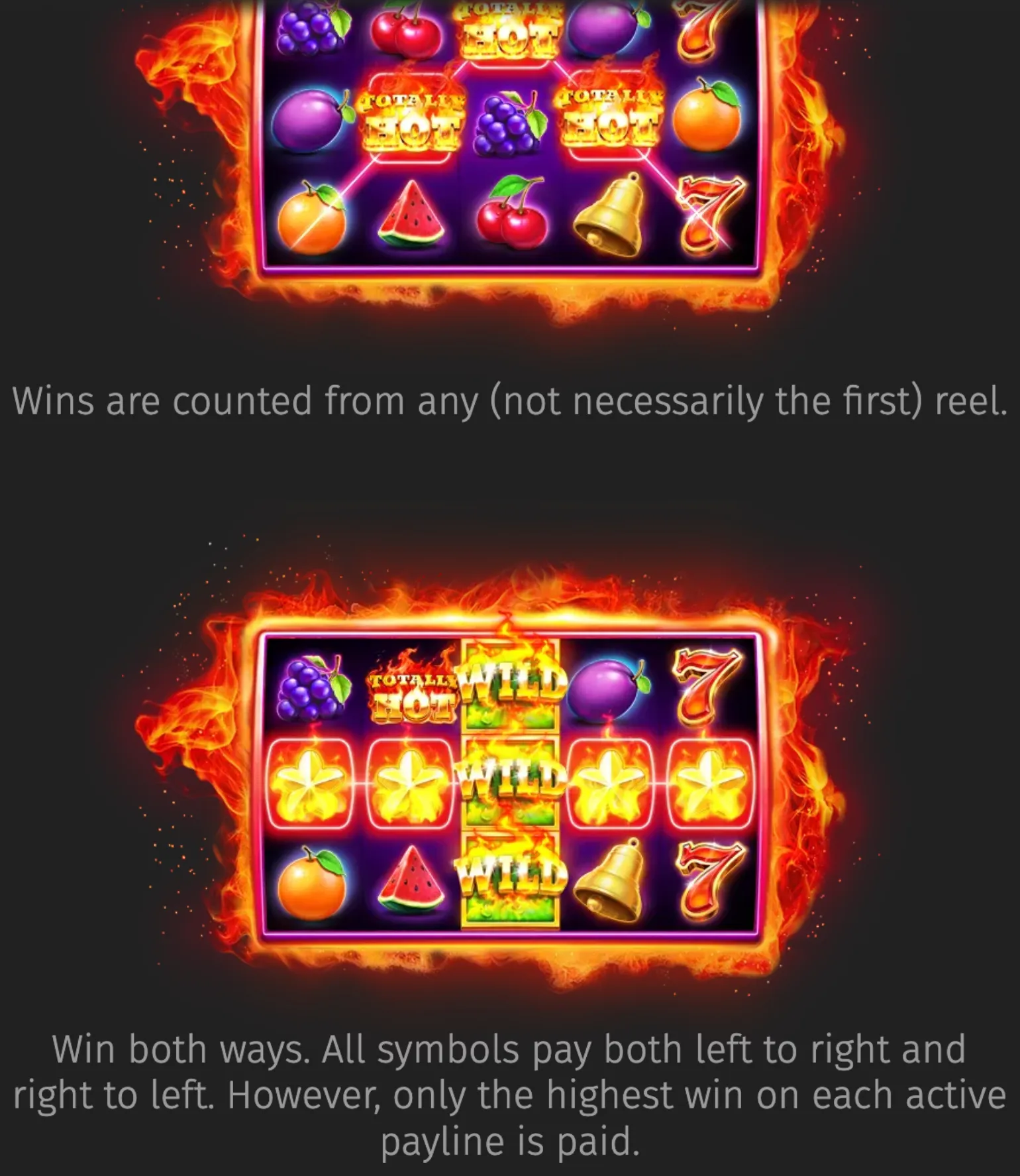 Fiery Totally Hot slot reels feature colorful fruit, bells, lucky sevens, glowing paylines, and stacked wild symbols.