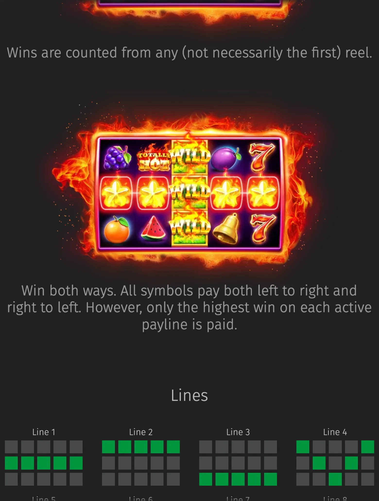 Totally Hot slot reels surrounded by flames, featuring fruit symbols, lucky sevens, bells, star icons, and stacked WILD symbols in the centre column.