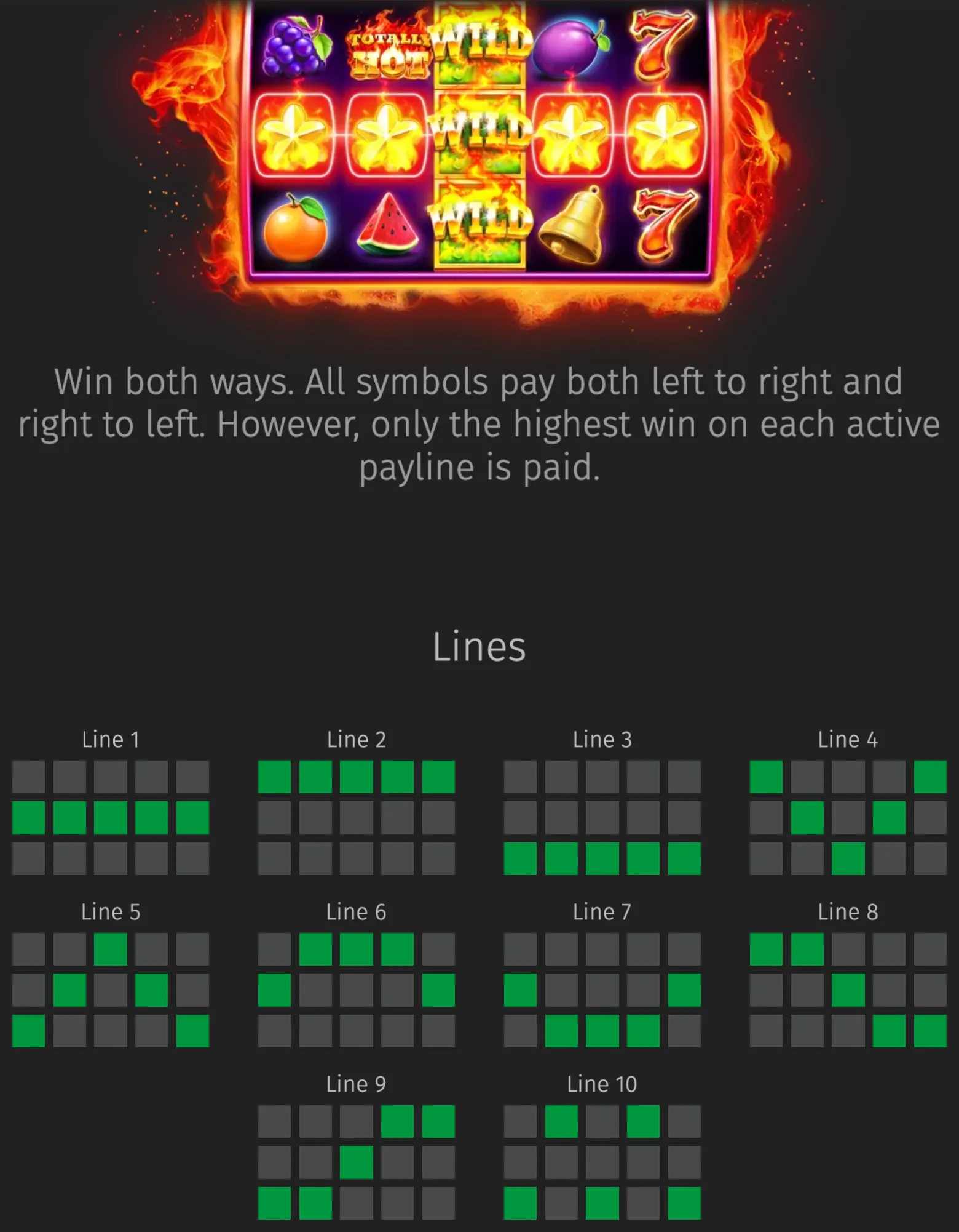 Totally Hot slot reels display fruit symbols, sevens, bells, glowing stars, and stacked WILD tiles inside a fiery frame, with payline diagrams below.