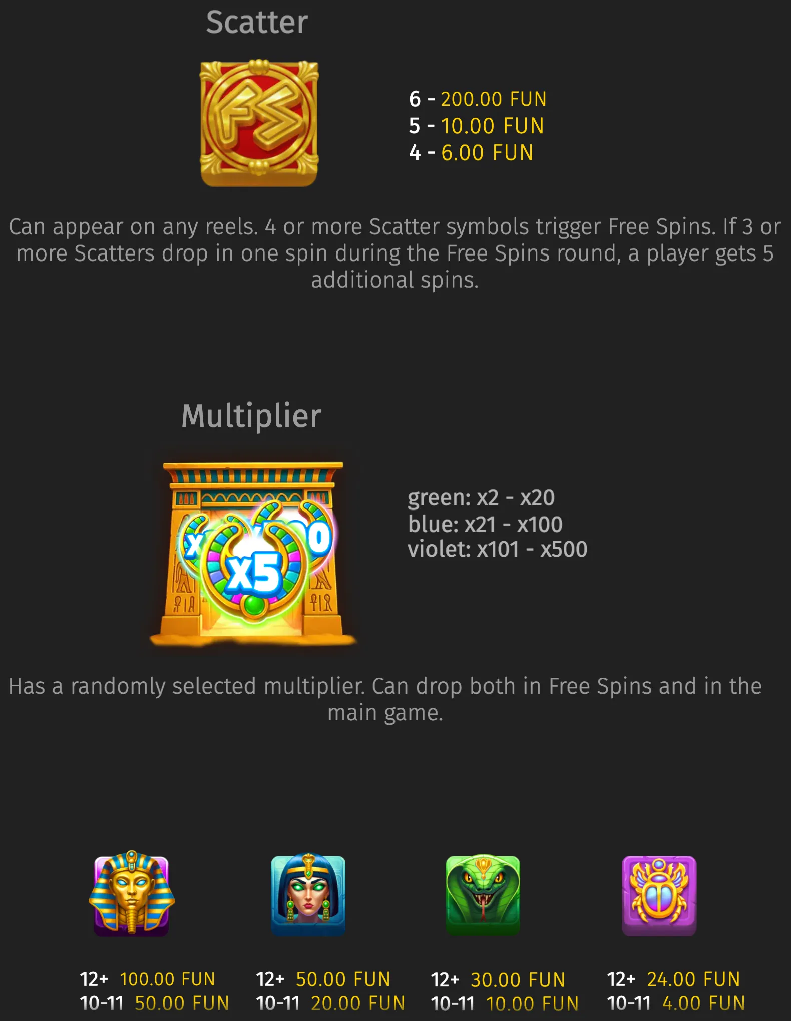 UFO Pyramids feature guide with a golden Scatter symbol, Egyptian temple multiplier display, colorful x5 indicator, and character symbols with payout values.
