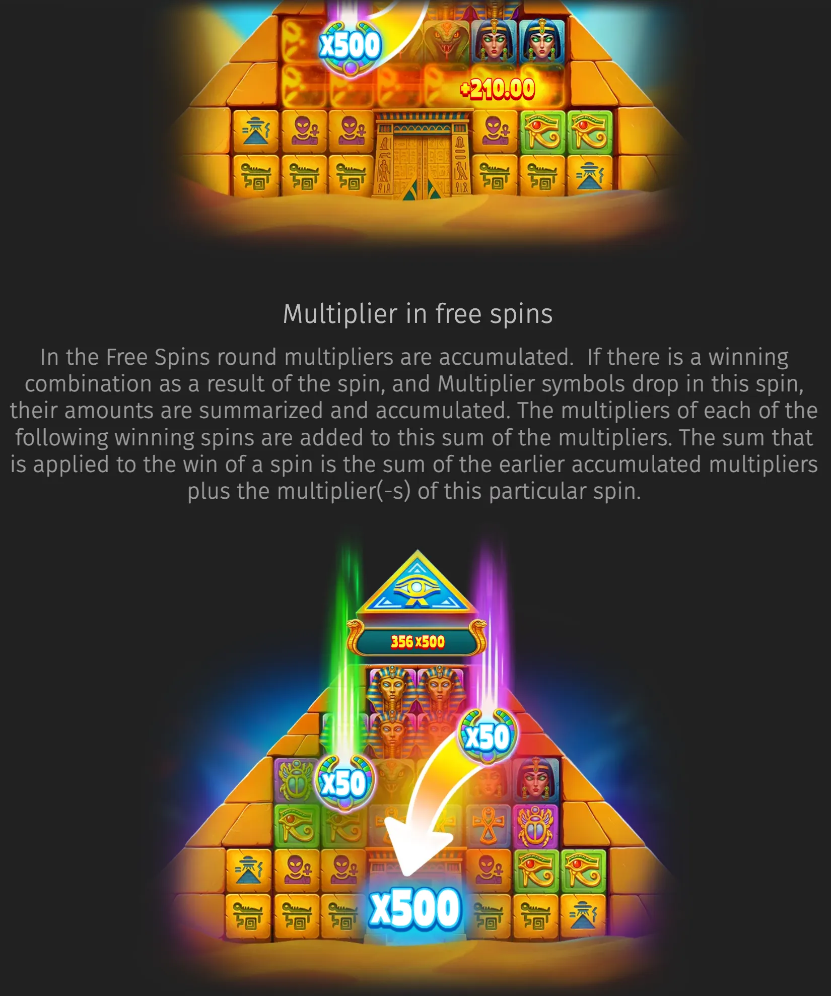 Egyptian pyramid-themed slot reels feature alien, pharaoh, scarab, and Eye of Horus symbols, with glowing x50 and x500 multiplier markers and free spins instructions.