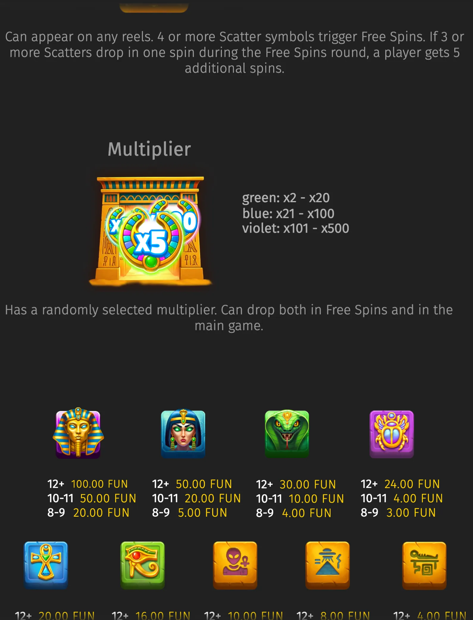 UFO Pyramids slot rules and paytable featuring an Egyptian temple, glowing multicolored multiplier rings, pharaoh and queen symbols, a cobra, scarab, hieroglyphs, and UFO-themed icons on a dark backdrop.