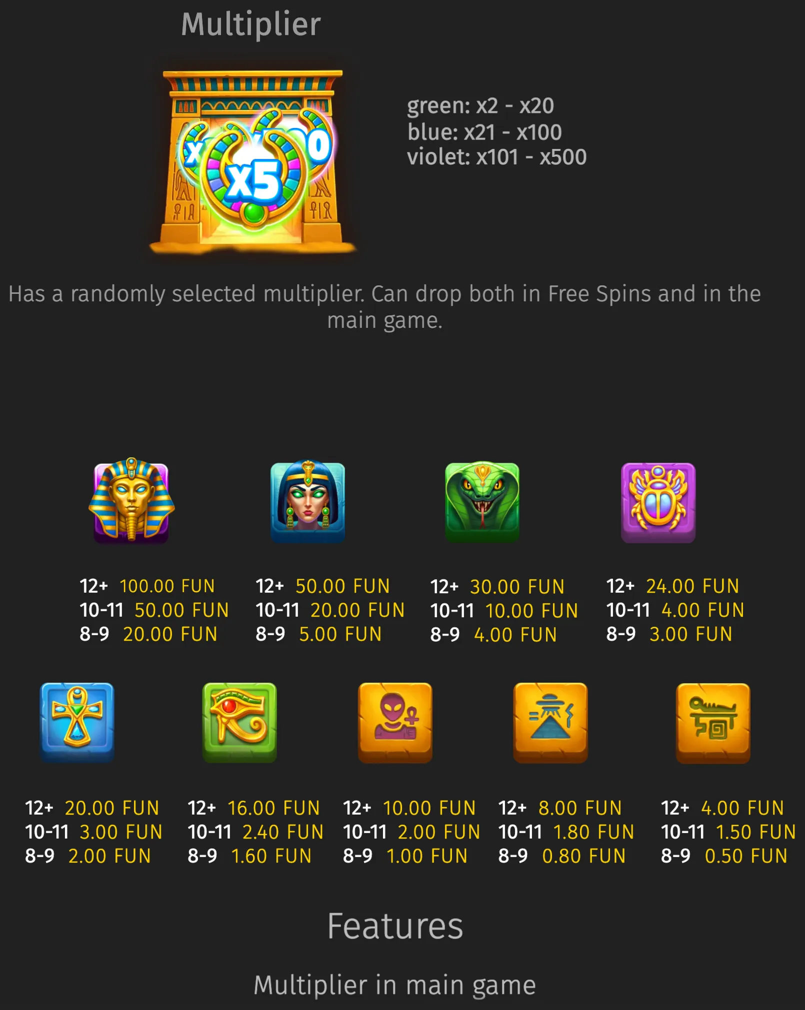 UFO Pyramids slot feature artwork with a glowing Egyptian temple, colorful multiplier rings, alien and pharaoh symbols, and payout icons.