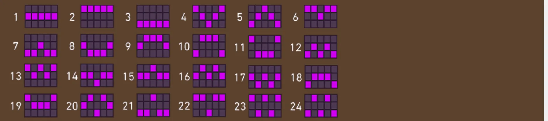 A payline reference chart for Silver Bullet Bandit: Collect'em, featuring 24 numbered three-row grid patterns with bright magenta highlighted routes.