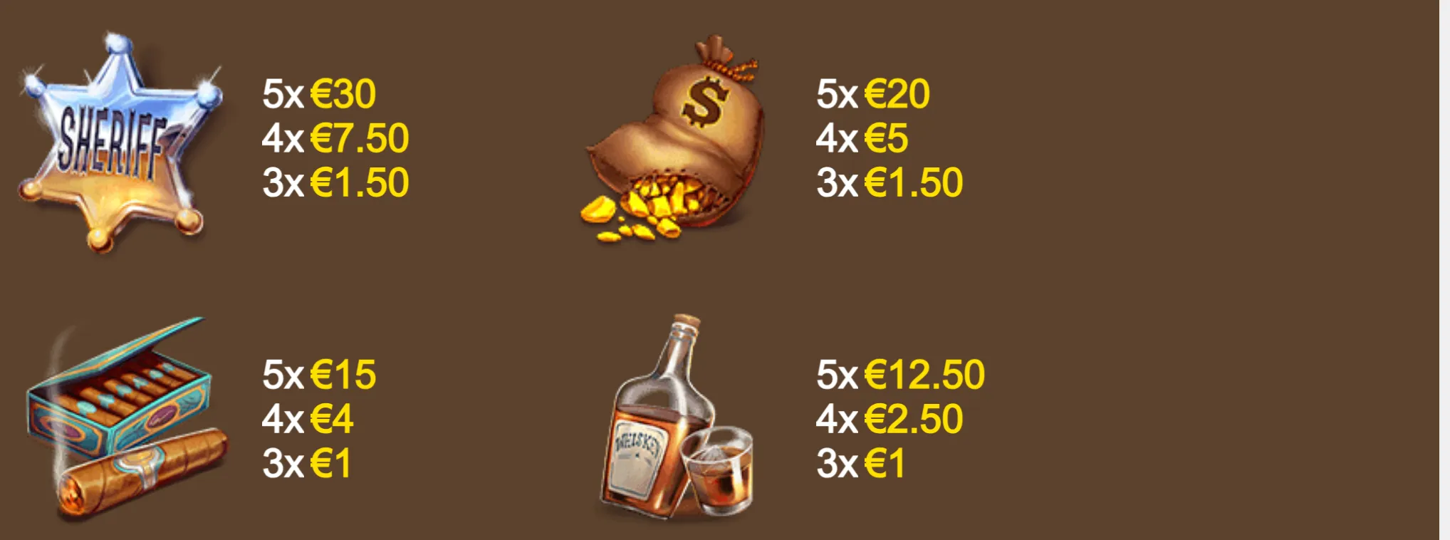 Western-themed slot symbols display payout values for matching sheriff badges, money bags, cigars, and whiskey.