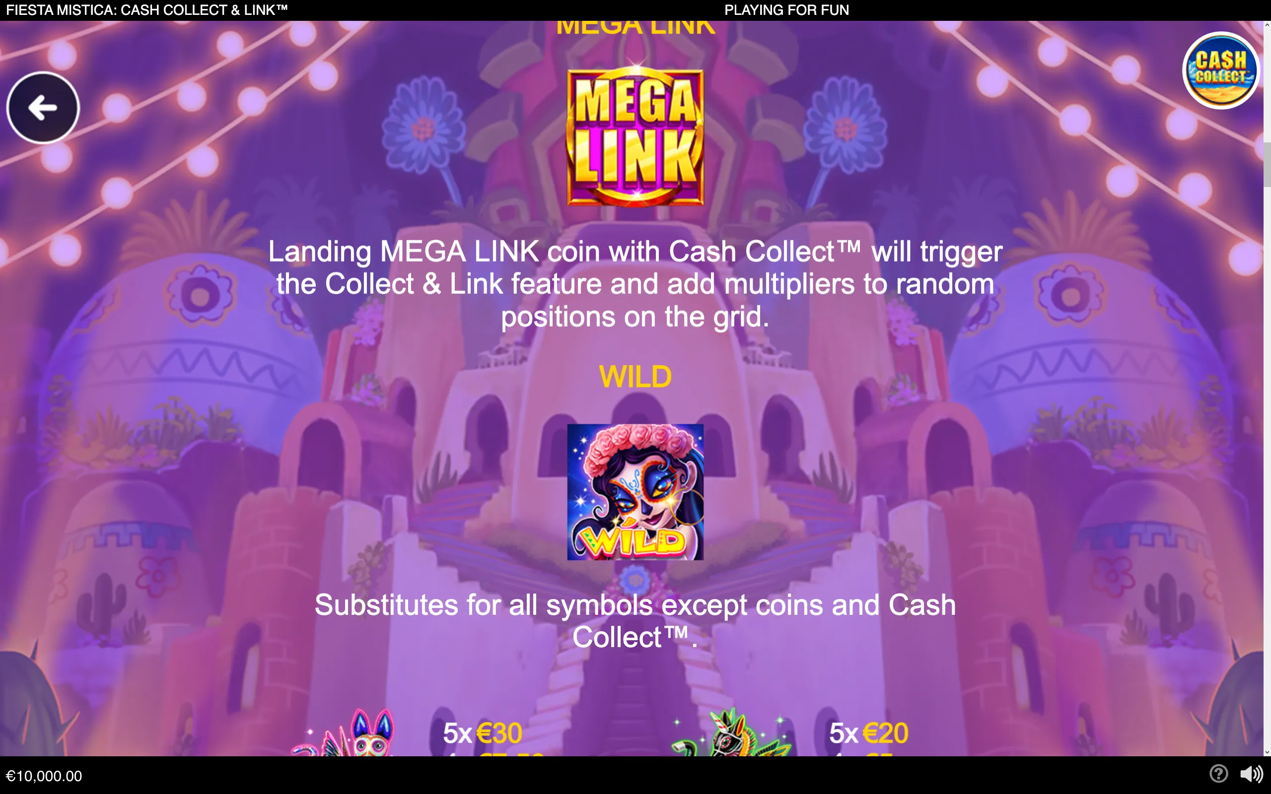 Fiesta Mistica slot feature artwork with a floral sugar-skull Wild symbol, a large Mega Link badge, and a purple-pink candlelit Mexican village backdrop.