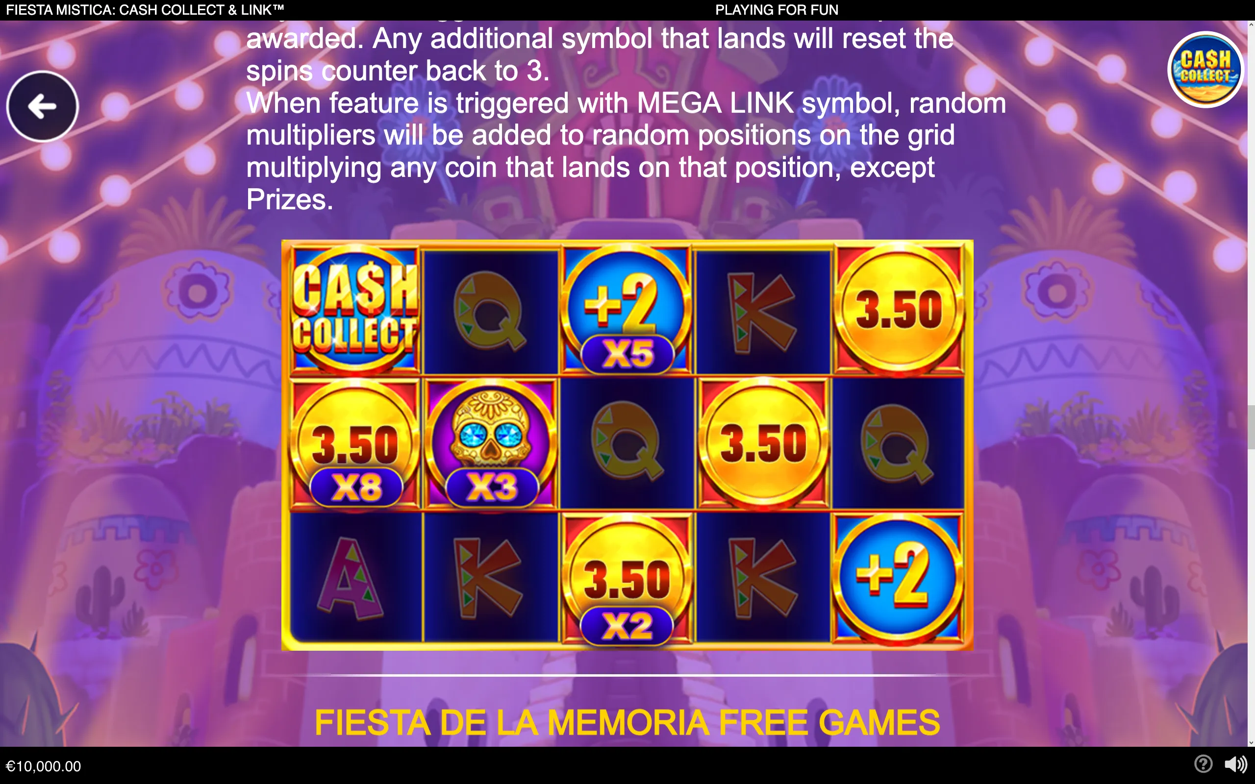 Fiesta-themed slot grid with cash collect coins, x2 to x8 multiplier symbols, a jeweled sugar skull, playing-card letters, cacti, desert scenery, and purple string lights.