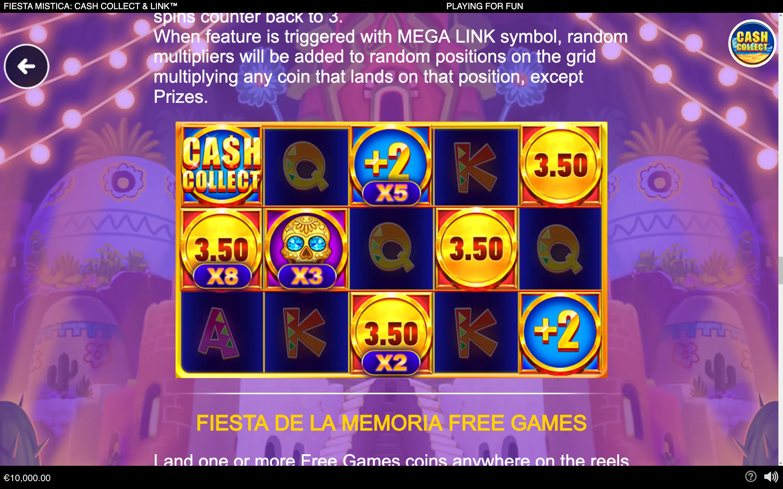 Fiesta Mistica: Cash Collect & Link free games display a 5x3 reel grid with golden cash coins, x2 to x8 multipliers, a sugar skull symbol, and a colorful Día de los Muertos-style backdrop.