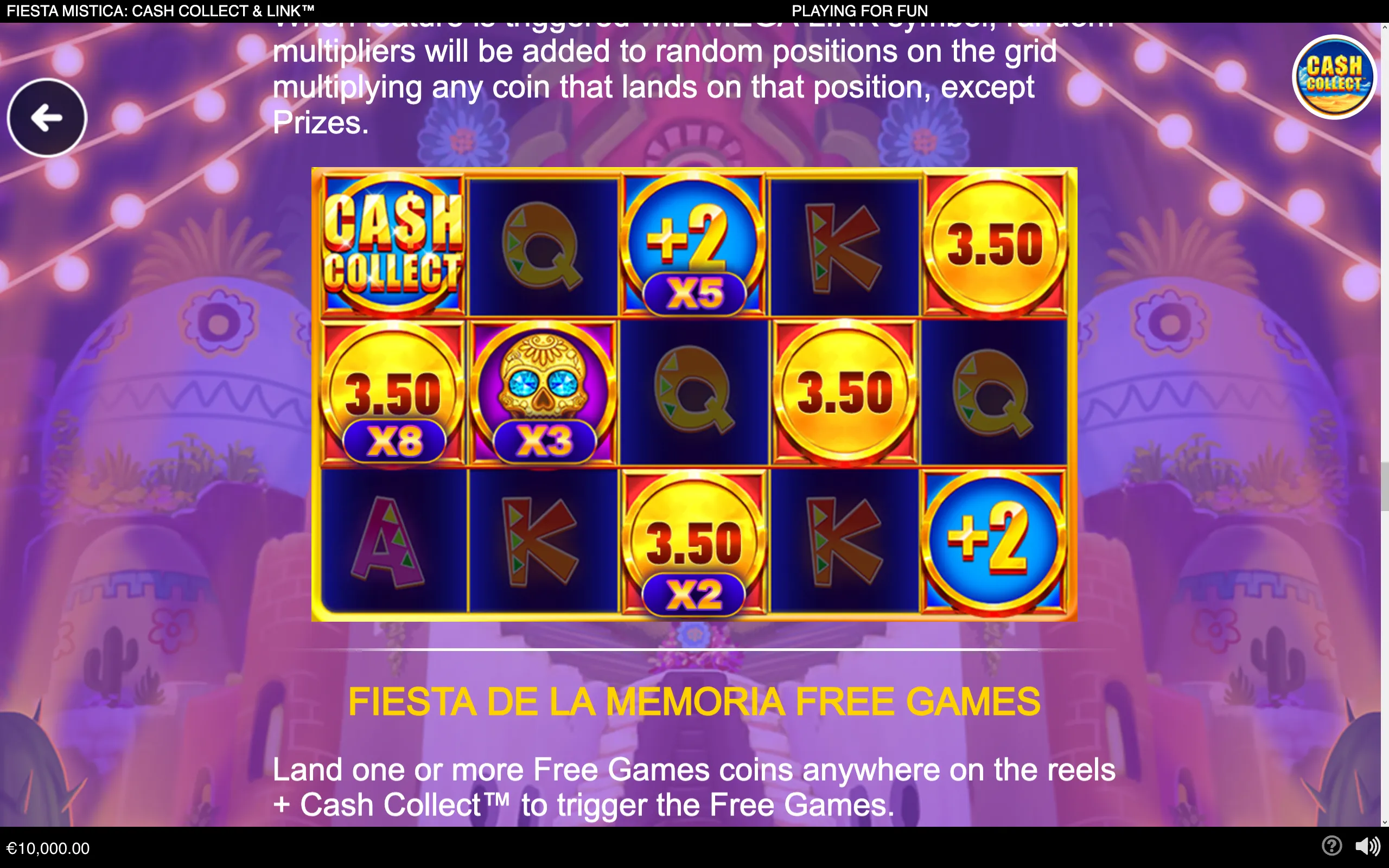 Fiesta-themed slot grid with glowing cash coins, multiplier markers, letter symbols, and a decorative sugar skull against a purple Día de los Muertos backdrop.