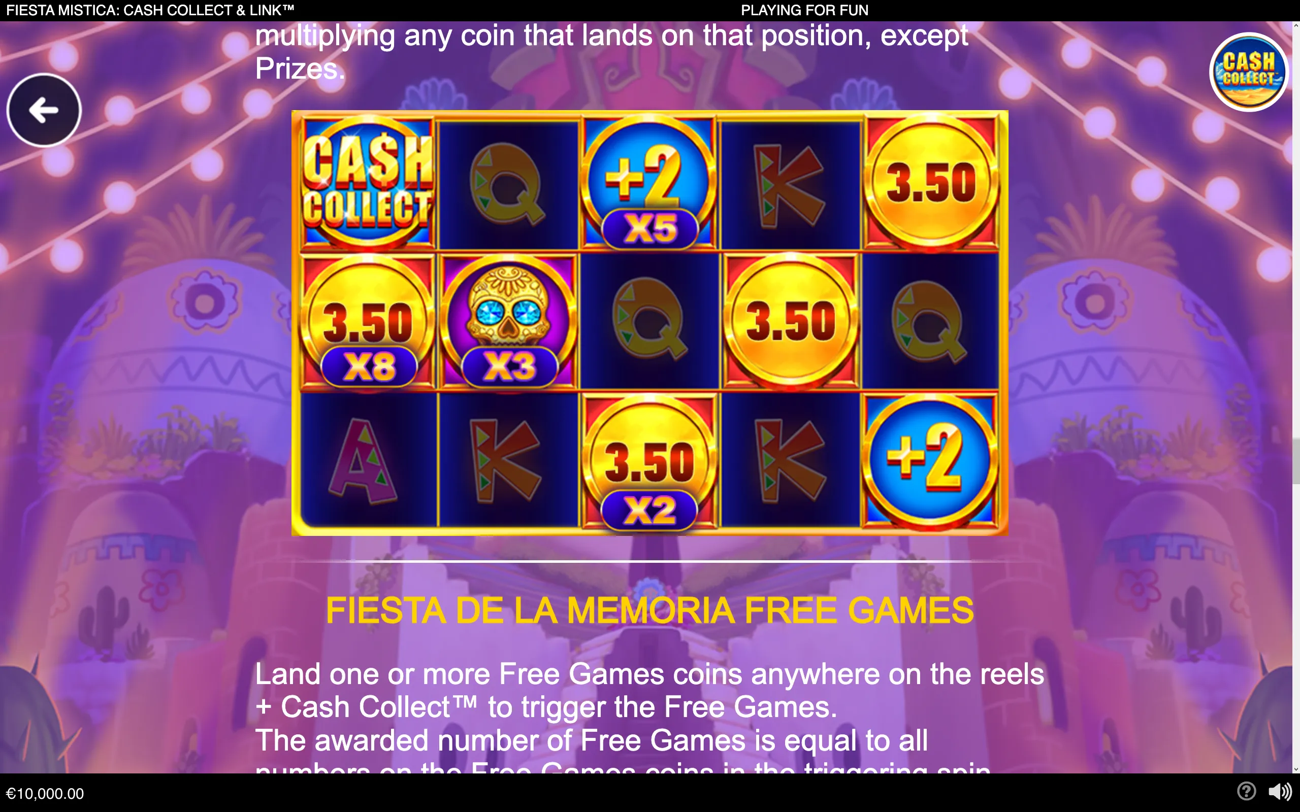 A colorful slot reel display for Fiesta Mistica: Cash Collect & Link features golden cash coins, multiplier symbols, a decorative sugar skull, and a purple Mexican fiesta backdrop.