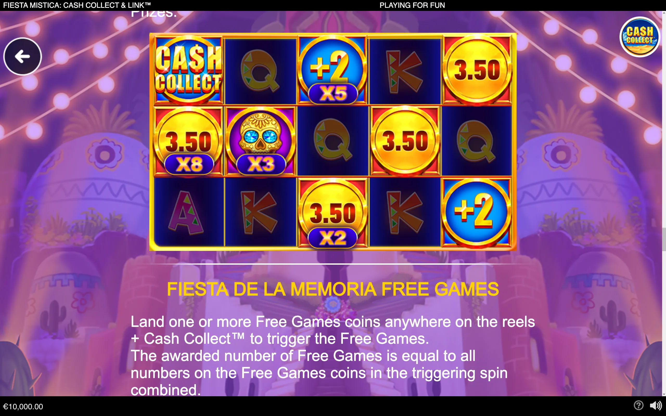 Fiesta Mistica slot reels display cash coins with values and multipliers, Free Games symbols, and letter symbols against a purple Día de los Muertos-style fiesta backdrop.