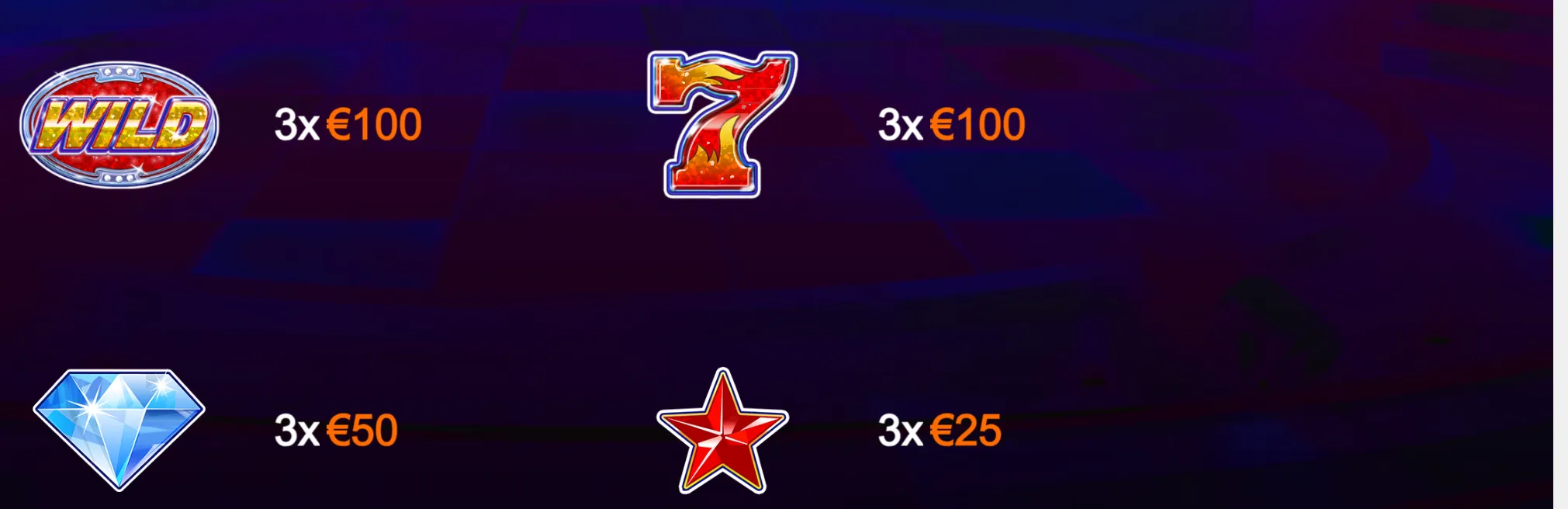 Super Stepper slot symbols on a dark purple backdrop, featuring a WILD emblem, flaming 7, blue diamond, red star, and euro prize values.