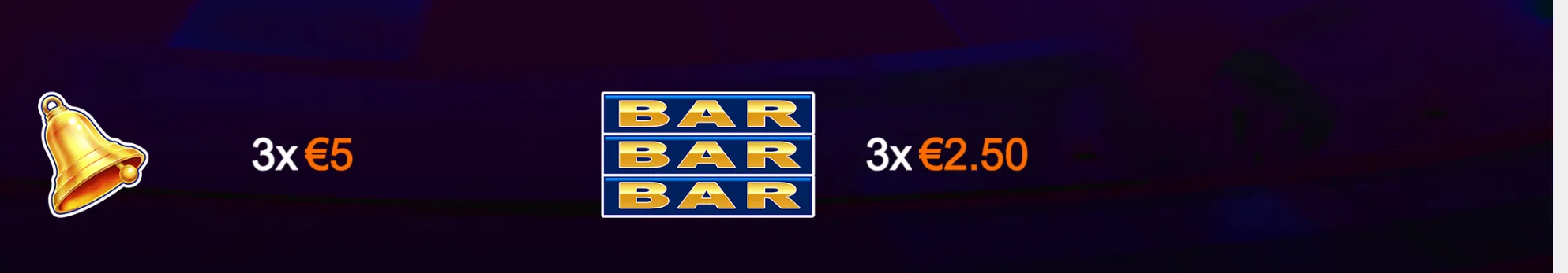 Classic slot symbols featuring a golden bell and stacked BAR icons with euro payout values on a dark casino-themed backdrop.