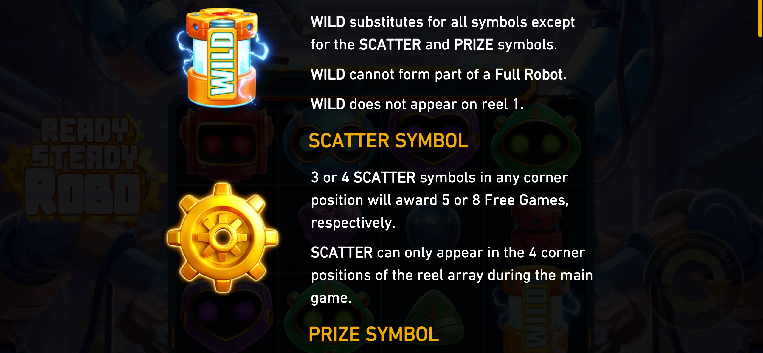 Ready, Steady, Robo rules panel featuring a glowing orange Wild symbol, a golden gear Scatter symbol, colorful robot faces, and a dark sci-fi laboratory backdrop.