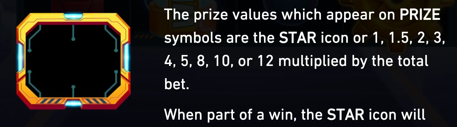 A futuristic robot-themed instruction panel explains that PRIZE symbols can display a STAR icon or multipliers from 1x to 12x the total bet.