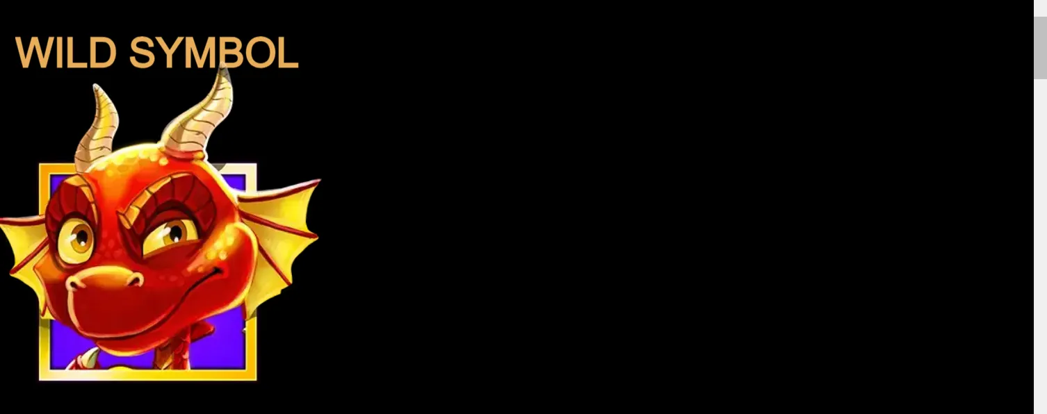 A mischievous red cartoon dragon with golden horns and yellow wings appears in a purple-framed panel beneath the words “WILD SYMBOL” on a black backdrop.