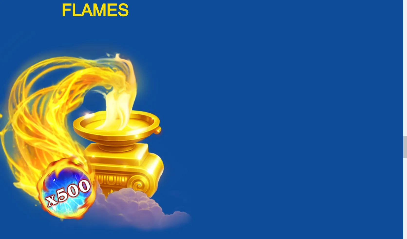 A golden classical urn surrounded by swirling flames and clouds, with a glowing blue-and-red x500 multiplier orb beneath the FLAMES title.