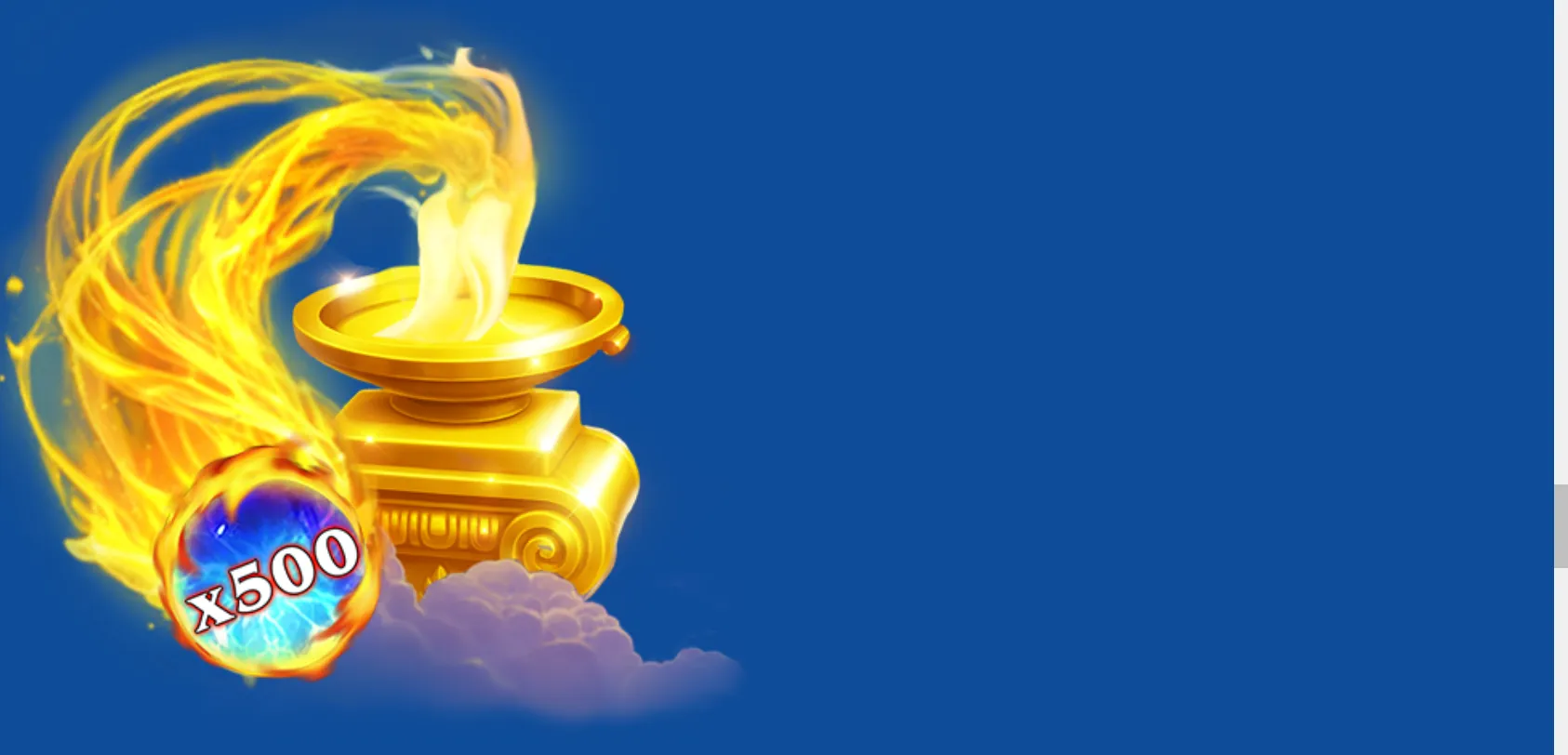 A golden Greek altar rises above clouds as a fiery phoenix-like plume curls around an orb marked x500 against a deep blue backdrop.