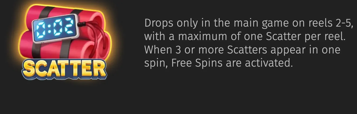 A red dynamite bundle with a digital countdown timer and bold SCATTER lettering, paired with text explaining its Free Spins trigger.
