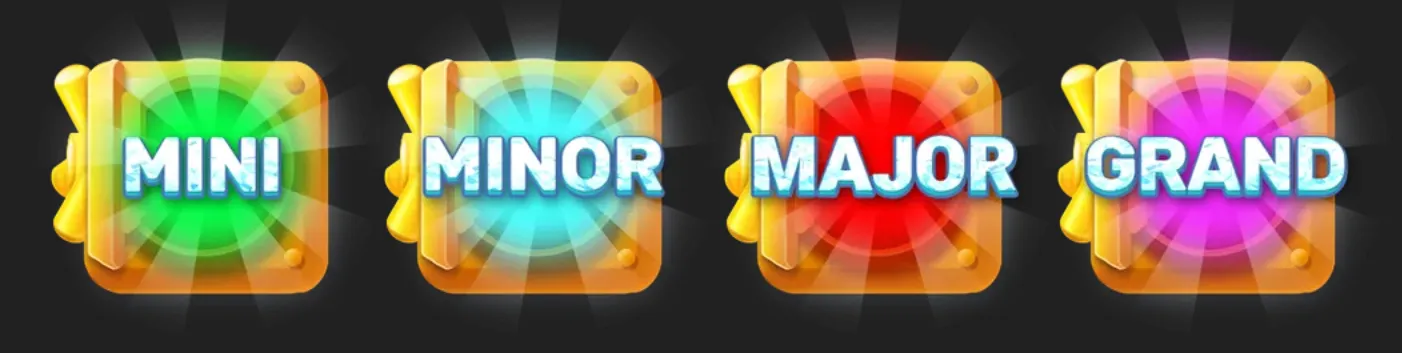 Four colorful jackpot emblems labeled Mini, Minor, Major, and Grand glow against a dark backdrop in the Mystery Heist slot.