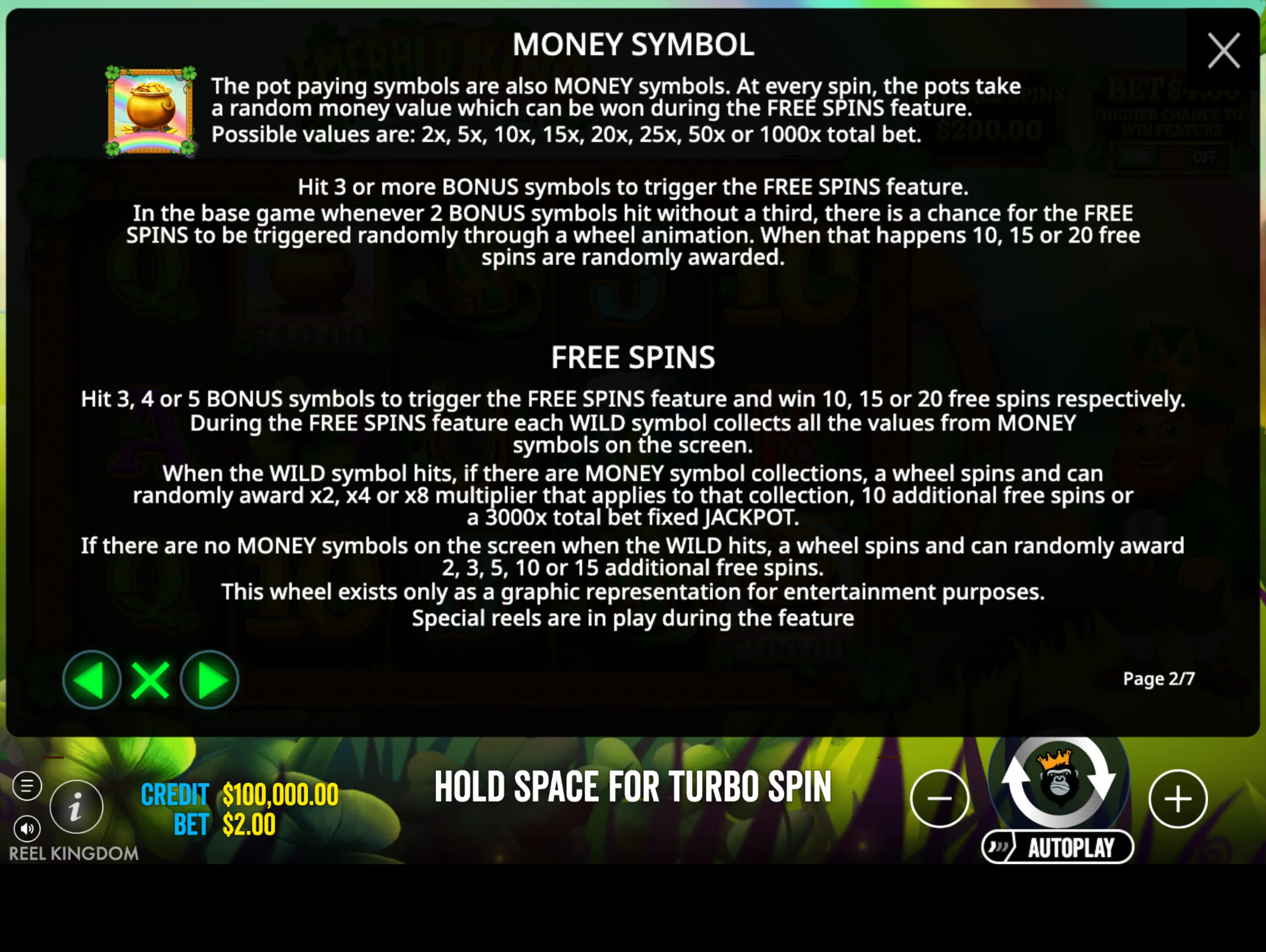 Detailed explanation of the money symbol and free spins feature in Emerald King - Wheel of Wealth, highlighting multipliers, bonus triggers, and jackpot opportunities.