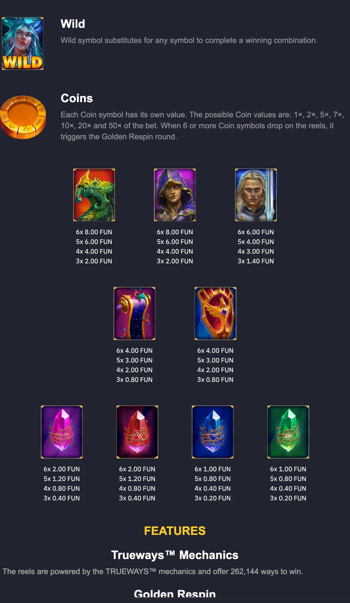 Golden Avalon Hold & Win paytable featuring a blue-haired fantasy woman as the Wild symbol, golden coin symbols, heroic characters, a dragon, magical scrolls, a crest, and glowing colored crystals on a dark background.