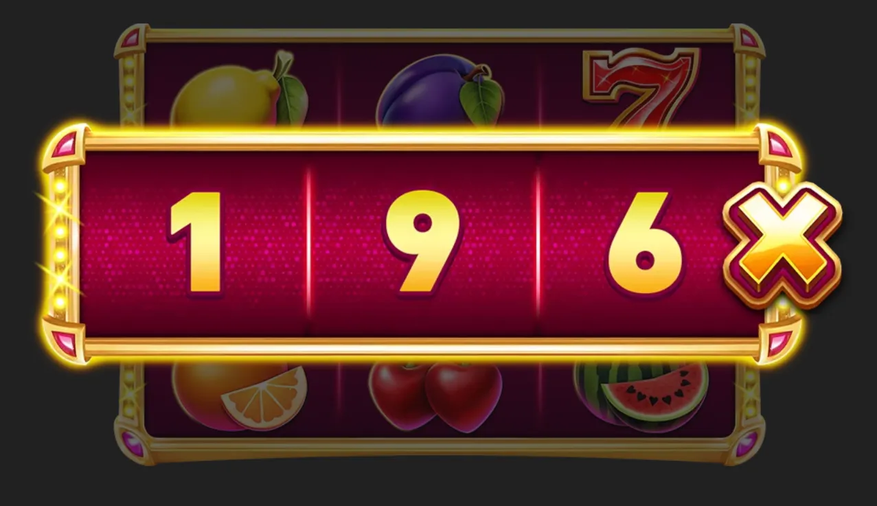 Joker X Love slot preview with a glowing gold-framed fruit reel and a large 196x multiplier display over red and magenta reels.