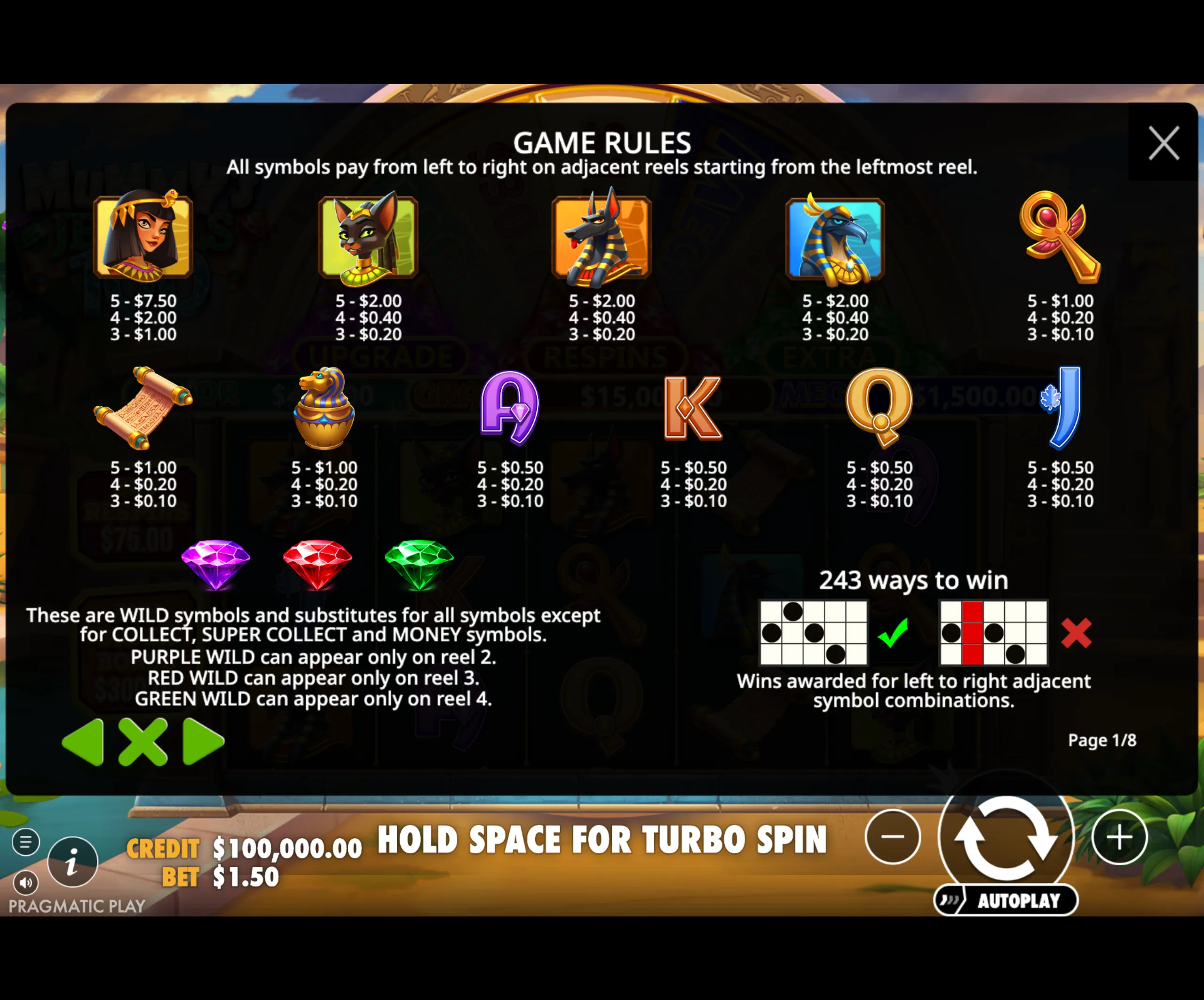 Game rules and symbol payout chart for Mummy's Jewels 100 slot game featuring Egyptian-themed symbols and wilds with specific reel appearances.