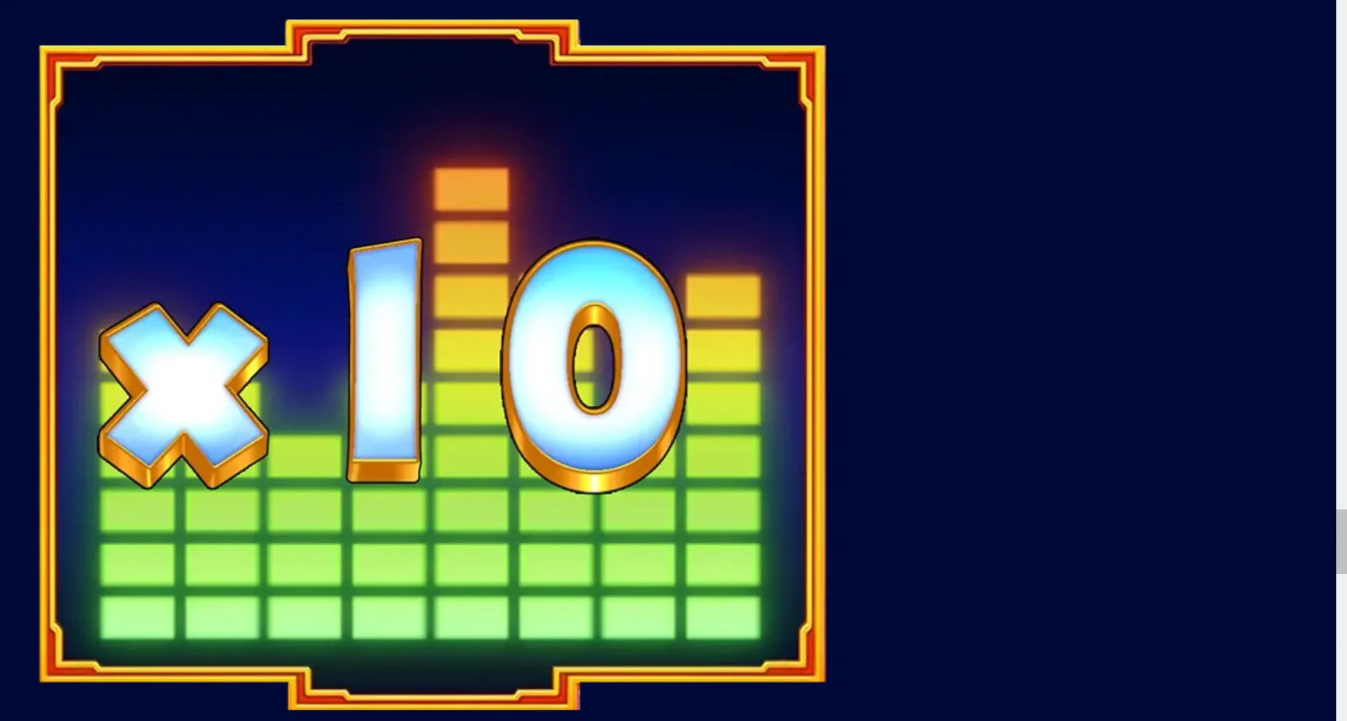 A glowing x10 symbol dominates a neon green and yellow grid, framed by ornate gold edging against a dark blue backdrop.