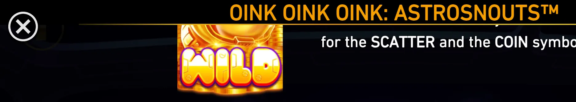 A cropped rules panel for Oink Oink Oink: Astrosnouts with a glowing gold WILD symbol and partial text referencing the SCATTER and COIN symbols.
