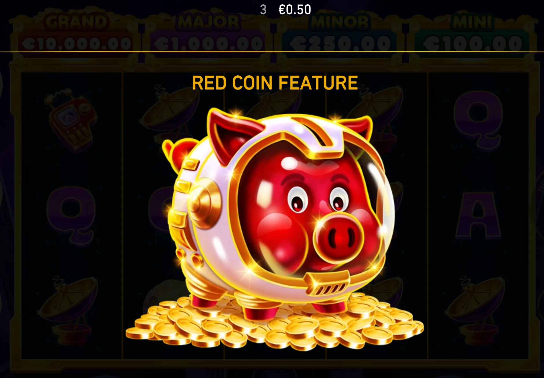 A cartoon red pig in a gleaming astronaut suit stands on a pile of gold coins beneath the title "Red Coin Feature," with space-themed slot symbols and jackpot tiers in the background.