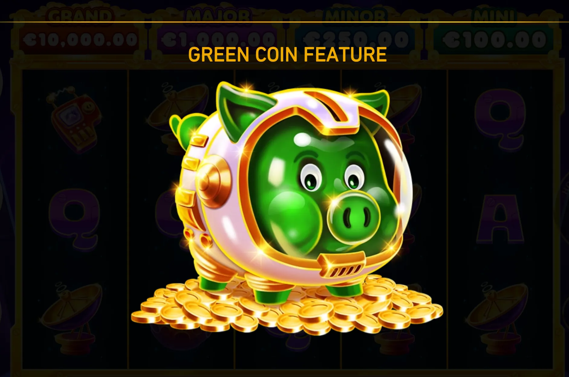 A cheerful green pig in a white-and-gold astronaut suit stands on a pile of coins, with the Green Coin Feature title and Grand, Major, Minor, and Mini jackpot tiers behind it.