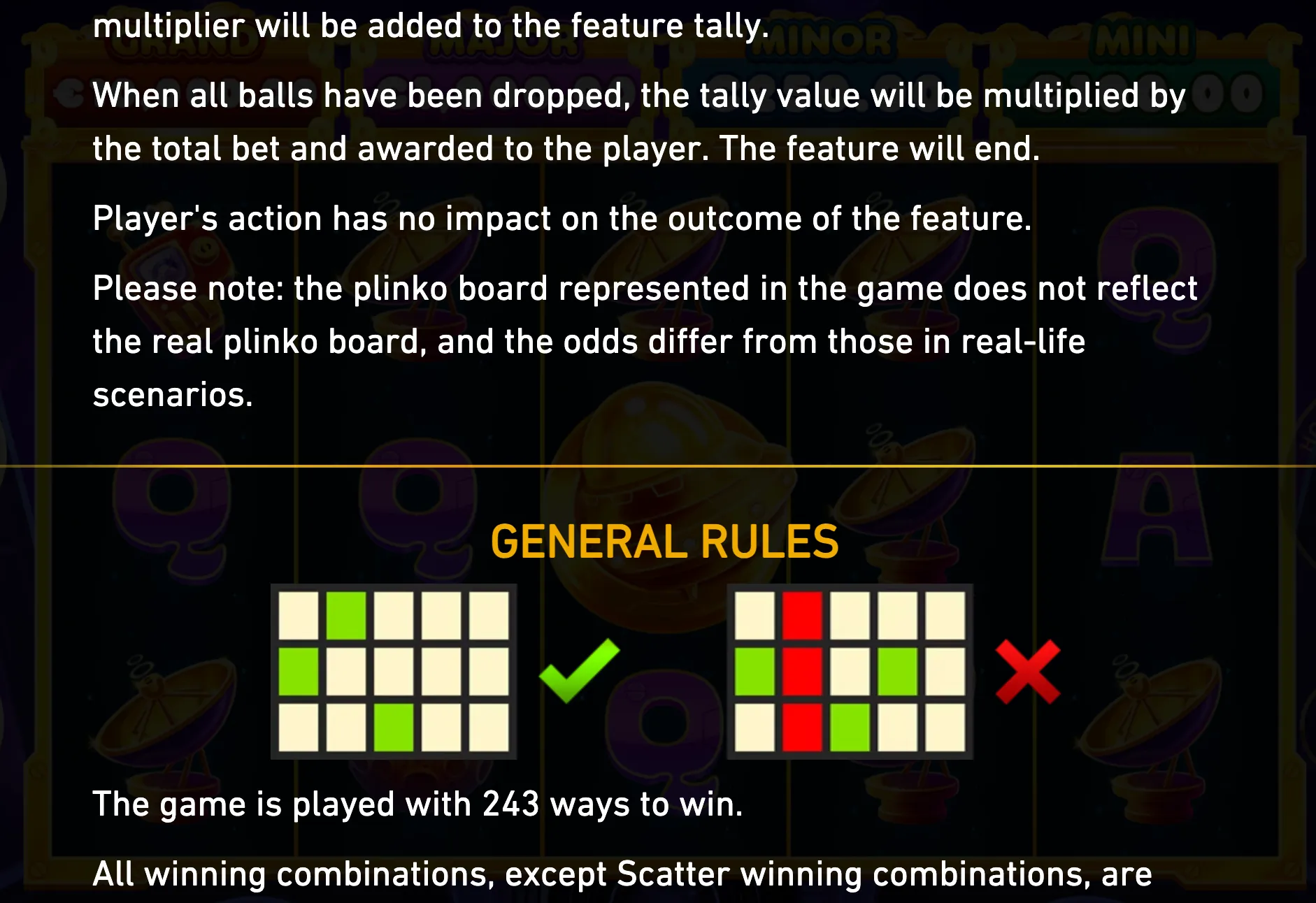 Cartoon space pigs, satellite dishes, and letter symbols appear behind a General Rules overlay explaining 243 ways to win and valid symbol patterns.