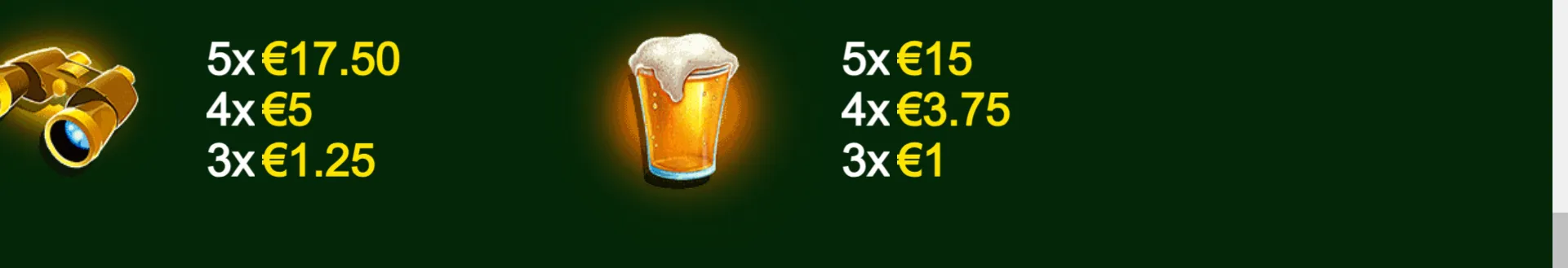 A dark green slot paytable displays golden binoculars and a foaming pint of beer with euro payout values for matching symbol combinations.