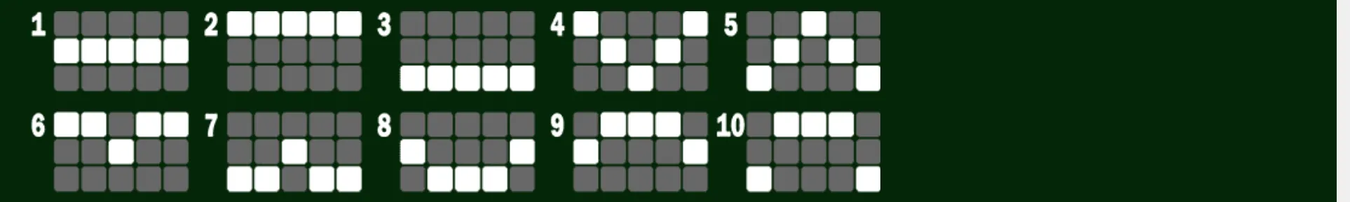 A dark green slot-game reference graphic displays ten numbered 3-row by 5-column reel patterns, with white squares marking each line's active positions.