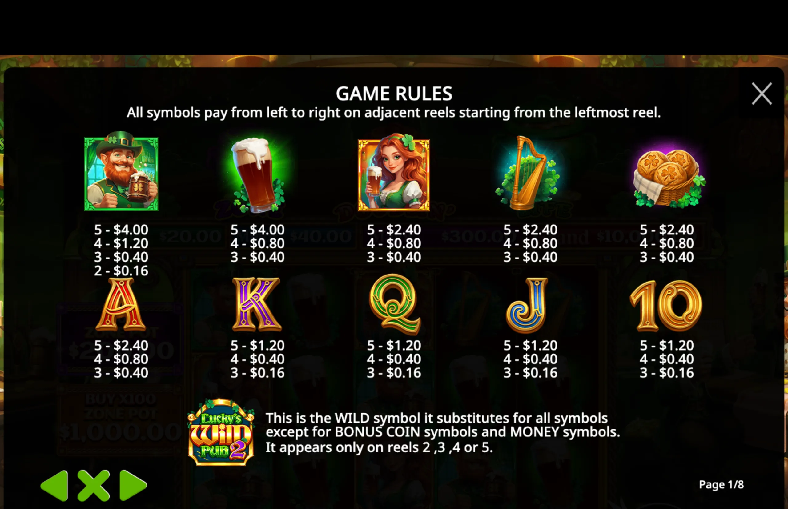 Lucky's Wild Pub 2 slot game payout table showing Irish-themed symbols including a leprechaun, beer, a red-haired woman, a harp, and baked goods with their respective payout values.