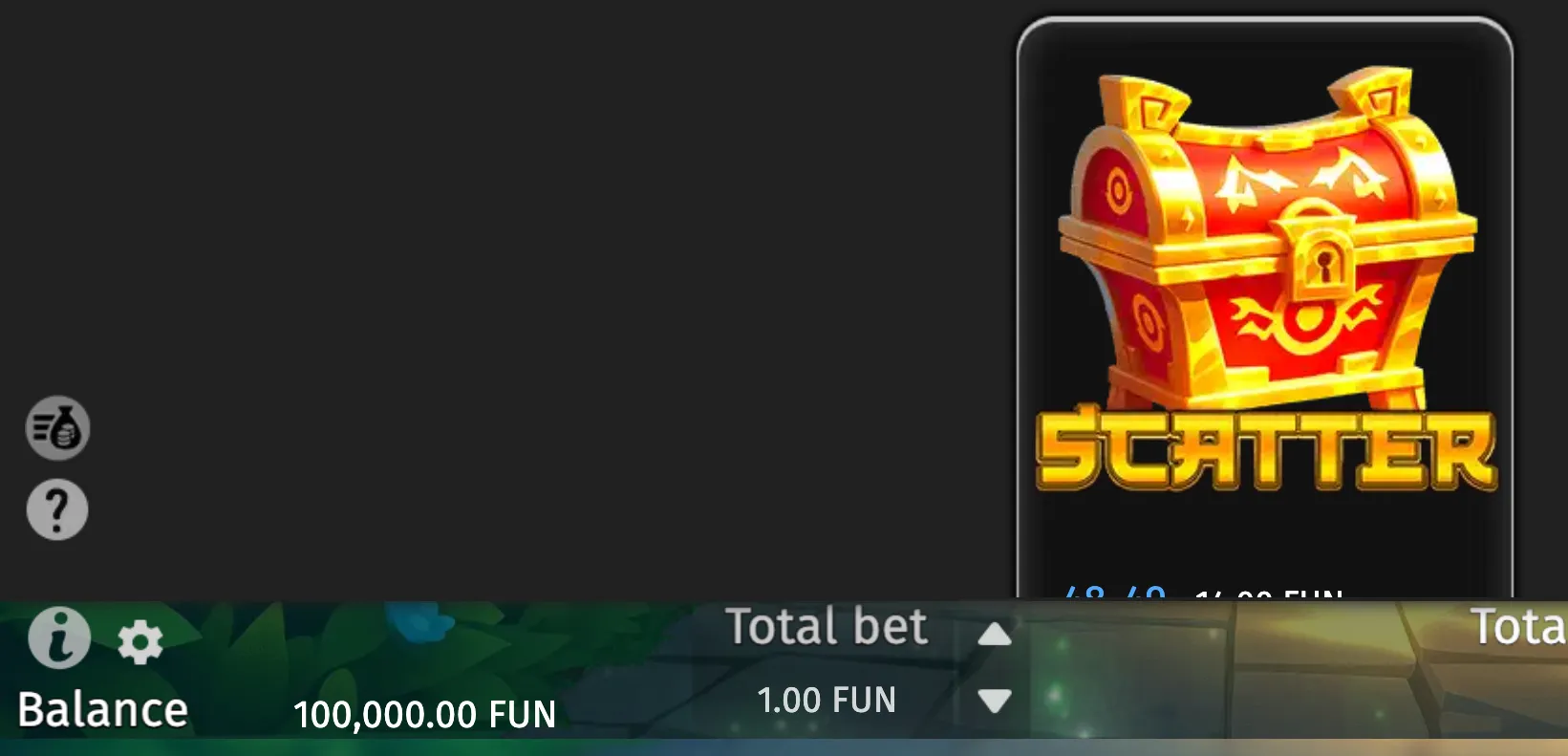 Panda Fortune Rush slot interface with a glowing red-and-gold treasure chest labeled SCATTER, set against a dark game backdrop with balance and bet controls visible.