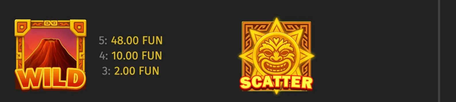 Heart of Tiki slot symbols featuring a glowing volcanic Wild with tiered payouts and a grinning golden tiki-face Scatter emblem.
