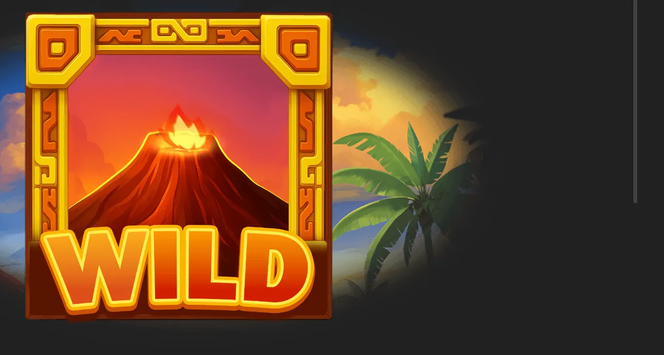 Heart of Tiki slot game Wild symbol featuring an erupting volcano inside an ornate golden tiki frame, set against a tropical island backdrop.