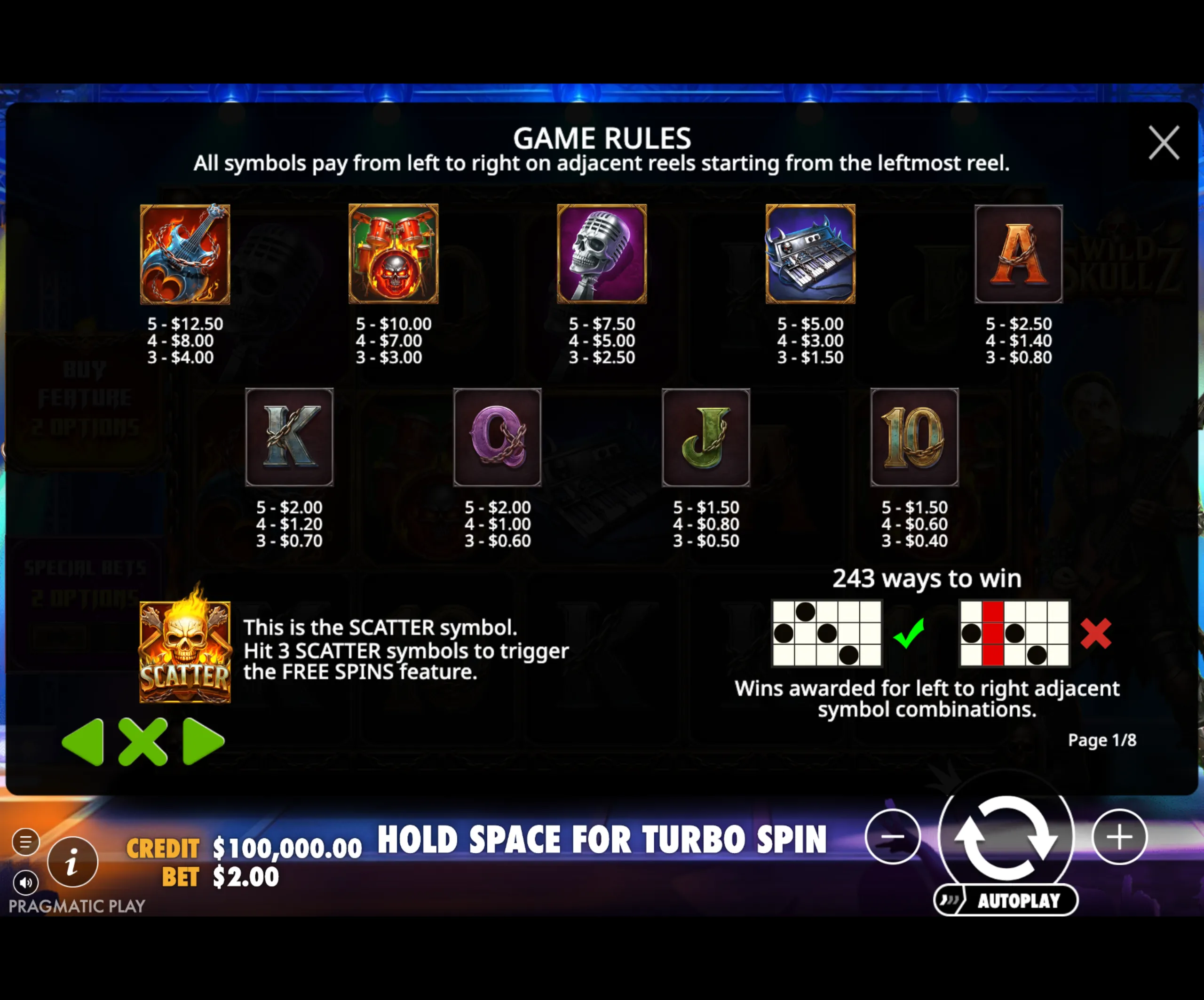 Wild Skullz slot game paytable showing rock music-themed symbols like flaming guitar, drums with skull, skull microphone, and keyboard, along with payout values and game rules.
