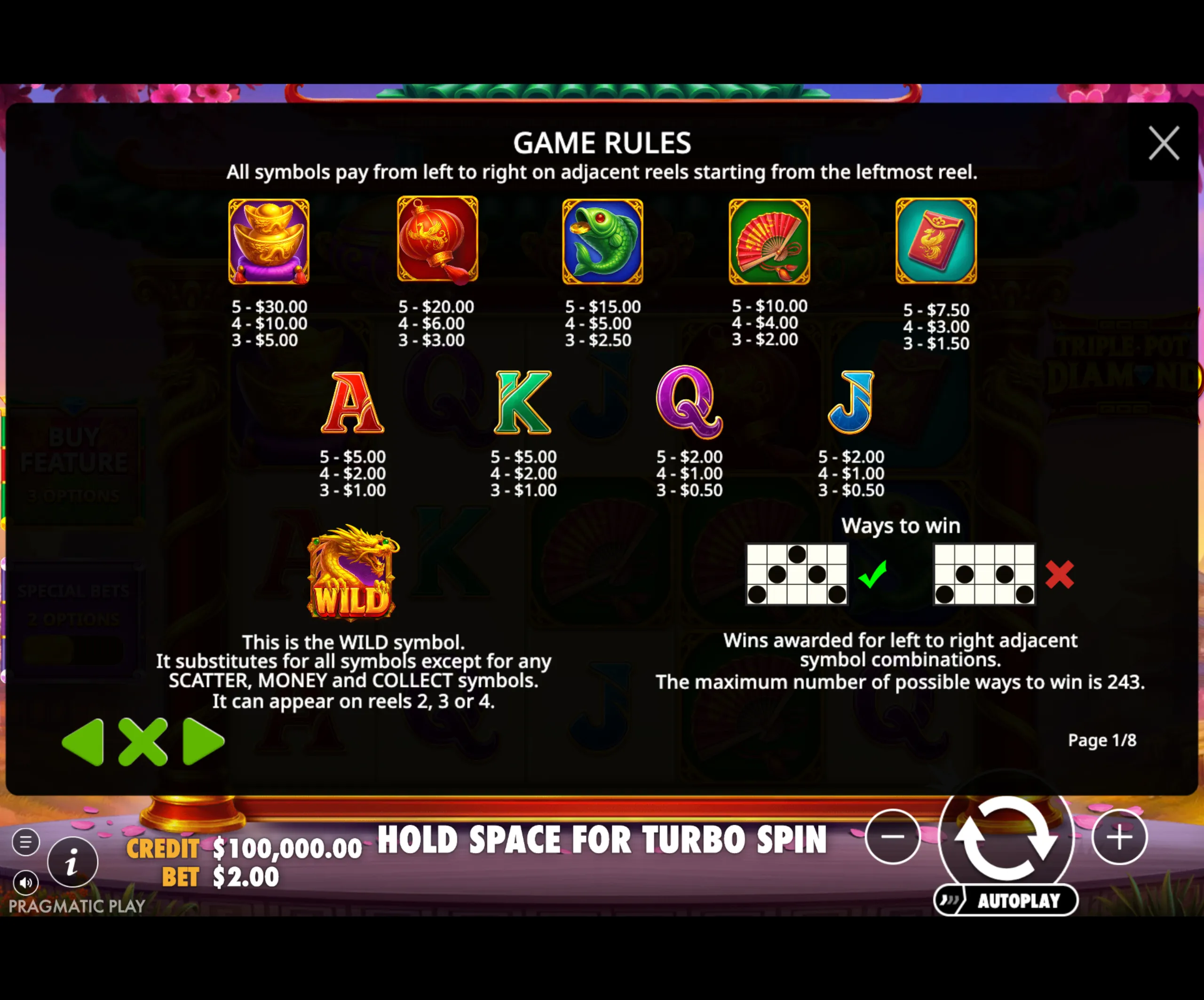 Game rules and paytable for Triple Pot Diamond slot showing symbol payouts, wild symbol details, and ways to win.