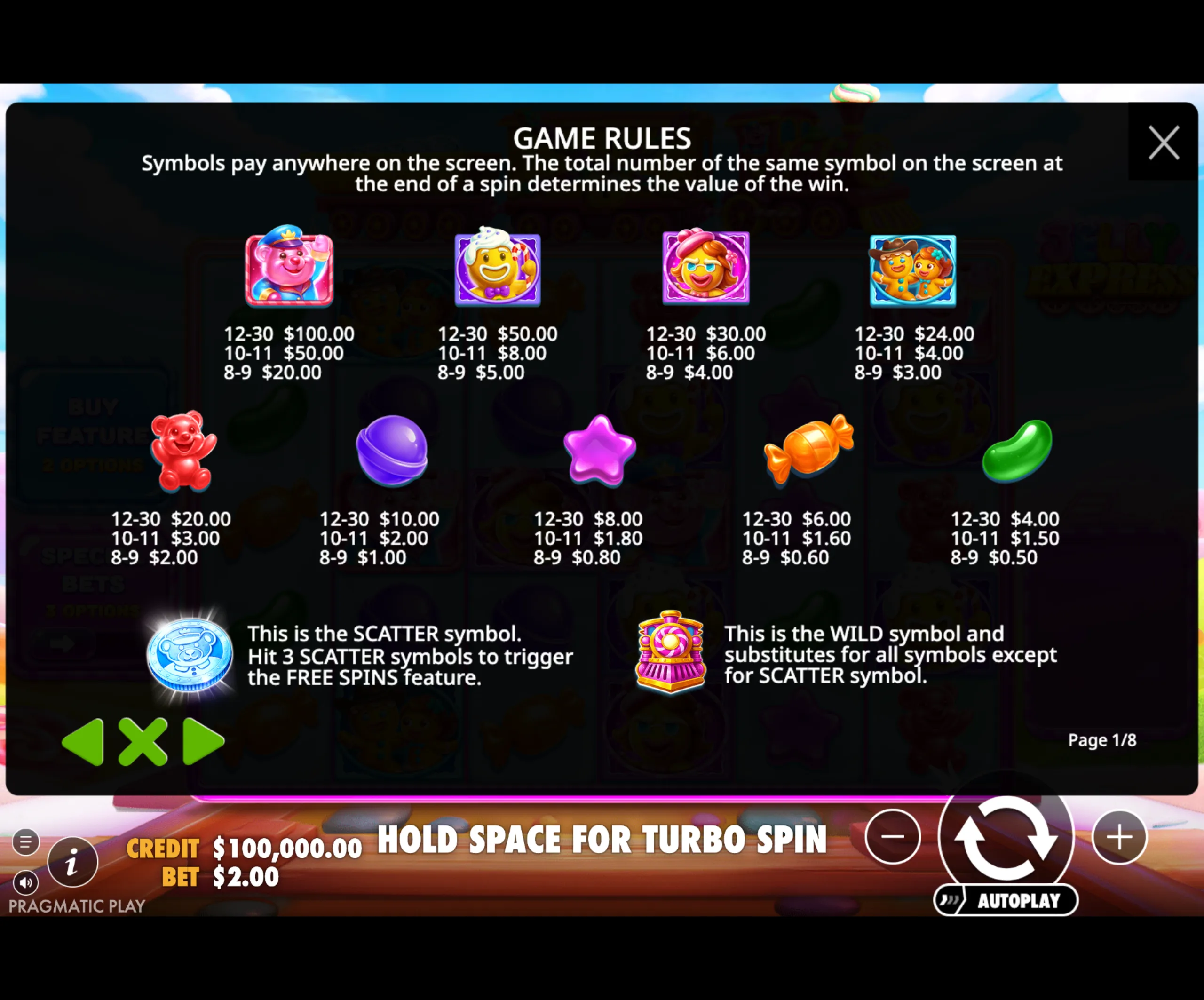 Colorful slot game paytable showing jelly-themed symbols with payout values and explanations of scatter and wild features.