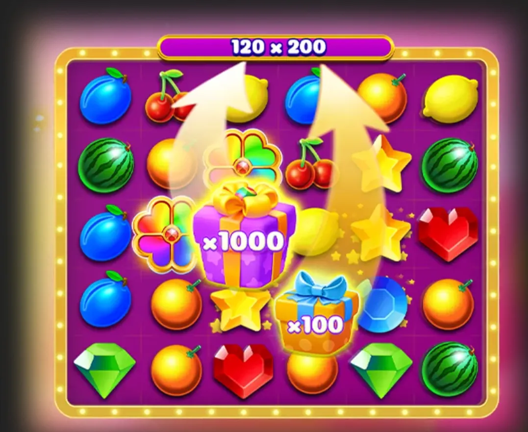 Colorful fruit slot reels with clovers, stars, diamonds, hearts, and gift boxes marked ×1000 and ×100, framed by glowing gold trim and a 120 × 200 value banner.