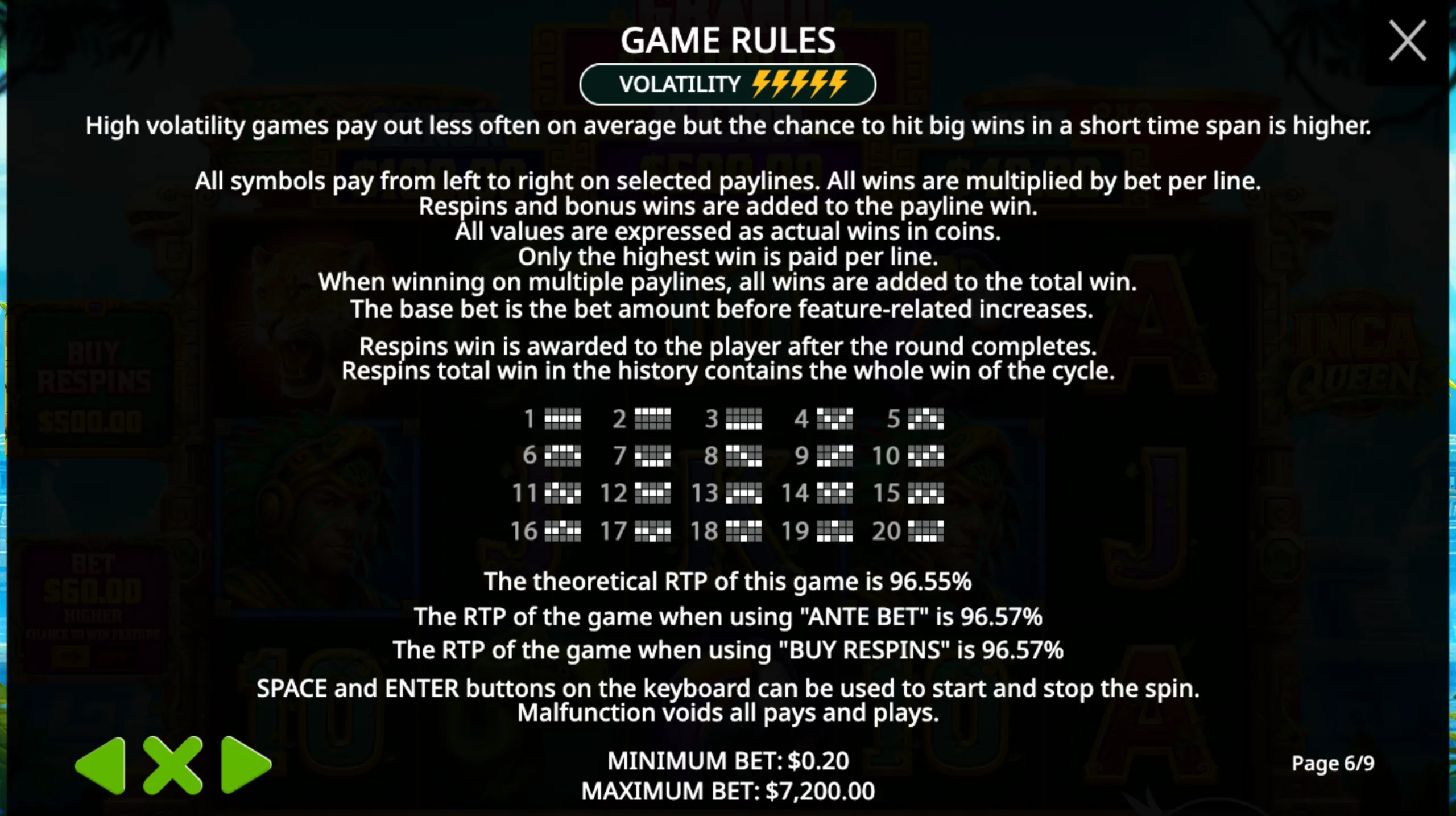 Inca Queen slot game rules screen detailing high volatility, paylines, RTP, and betting limits with clear text instructions.