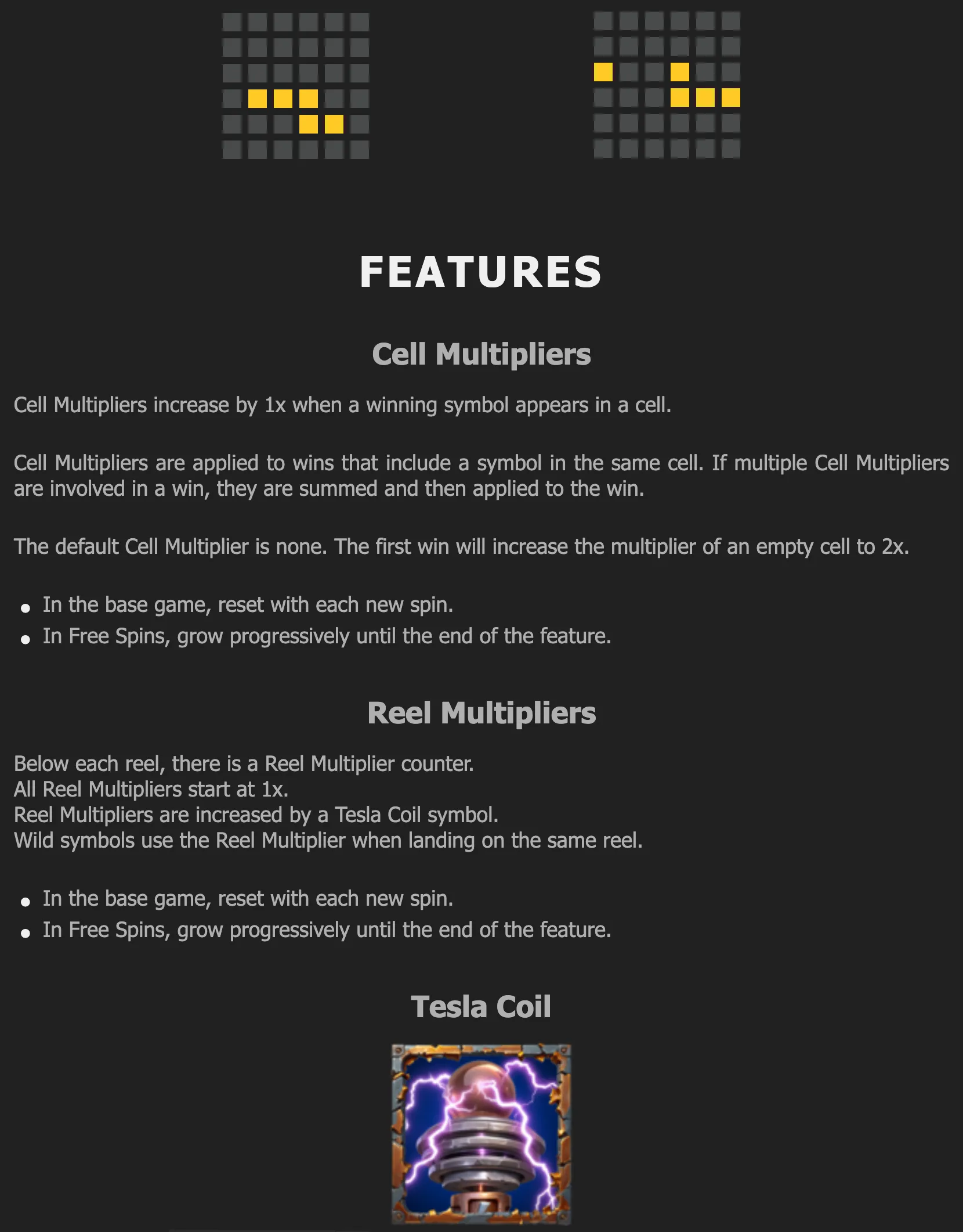 Recycle Riches feature guide detailing Cell Multipliers, Reel Multipliers, and the Tesla Coil symbol, with grid diagrams and an electrified Tesla coil illustration.