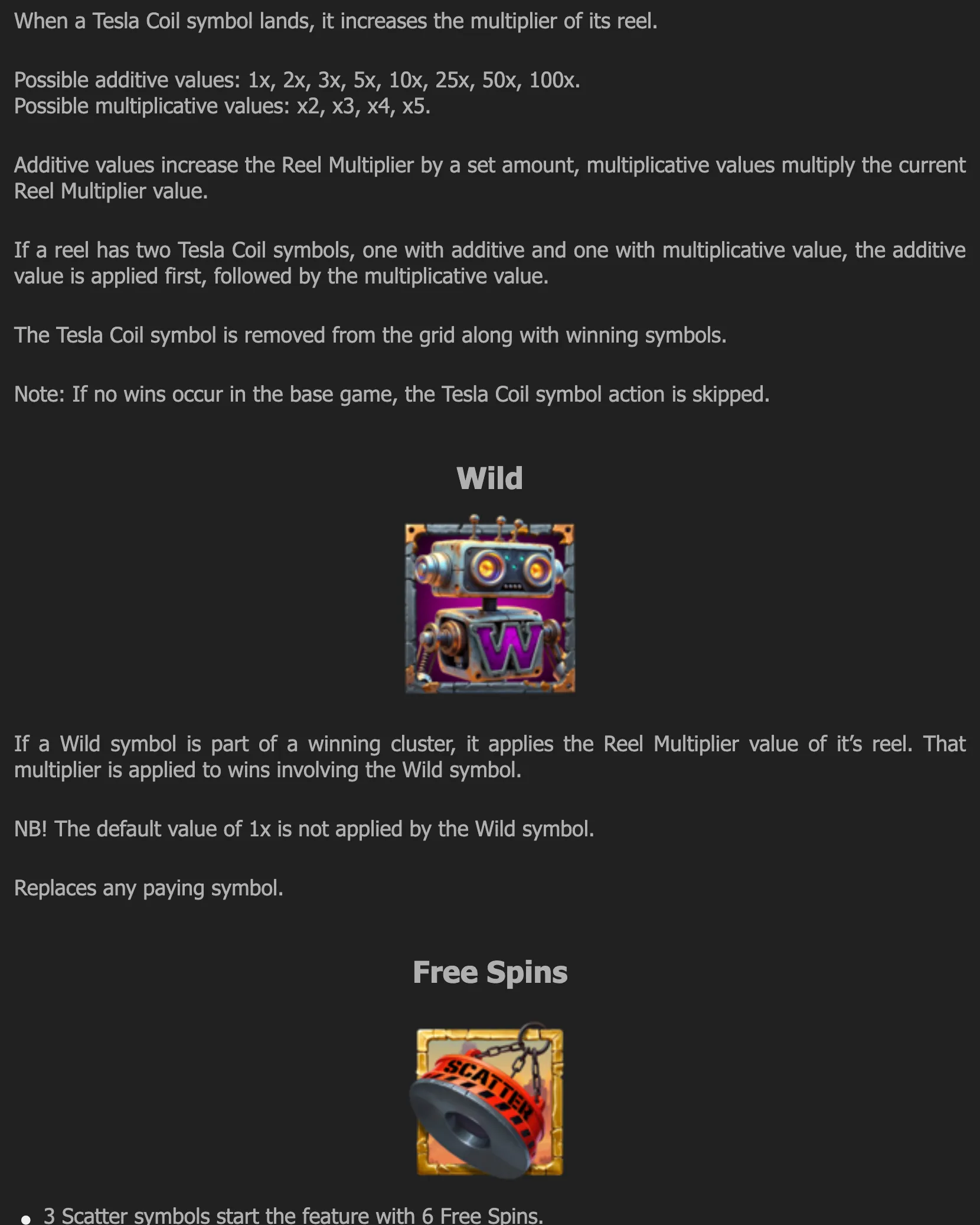 Recycle Riches rules page featuring a robot-like Wild symbol and a chained red Scatter symbol, with text explaining Tesla Coil reel multipliers and six Free Spins.