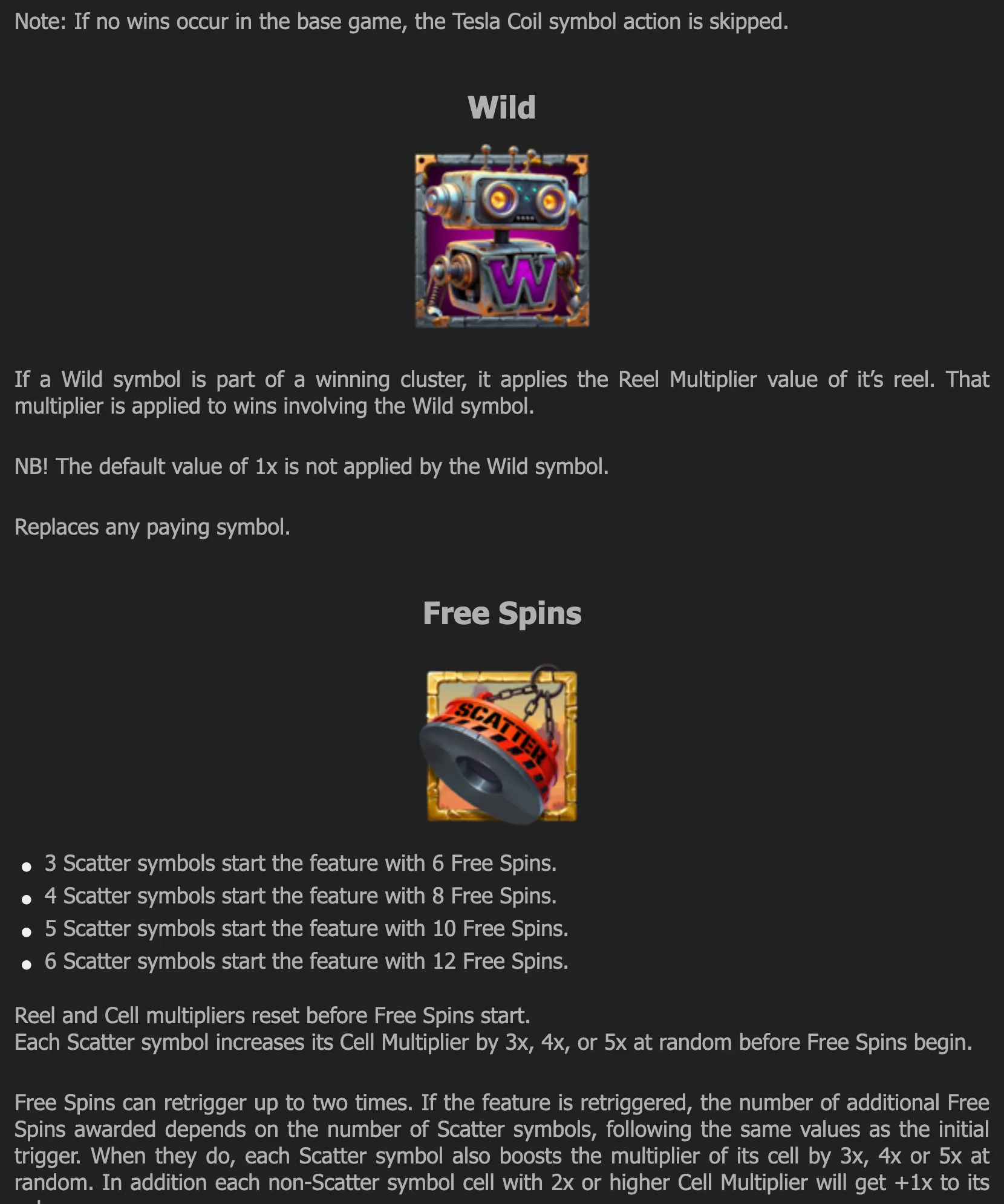 Recycle Riches feature guide with a retro-futuristic robot Wild symbol and a chained dynamite Scatter symbol, accompanied by rules for multipliers and Free Spins.